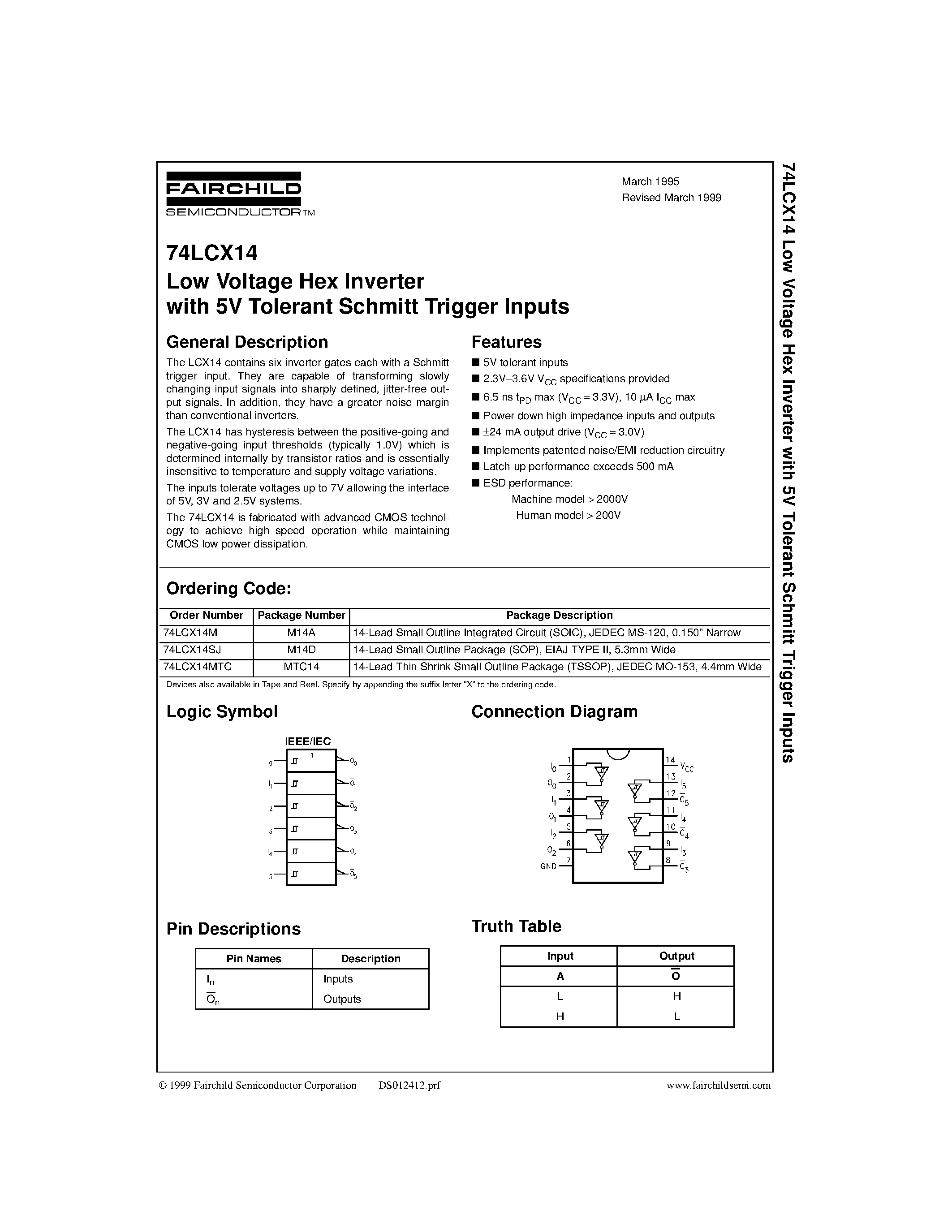 Даташит 74LCX14 - Low Voltage Hex Inverter with 5V Tolerant Schmitt Trigger Inputs страница 1