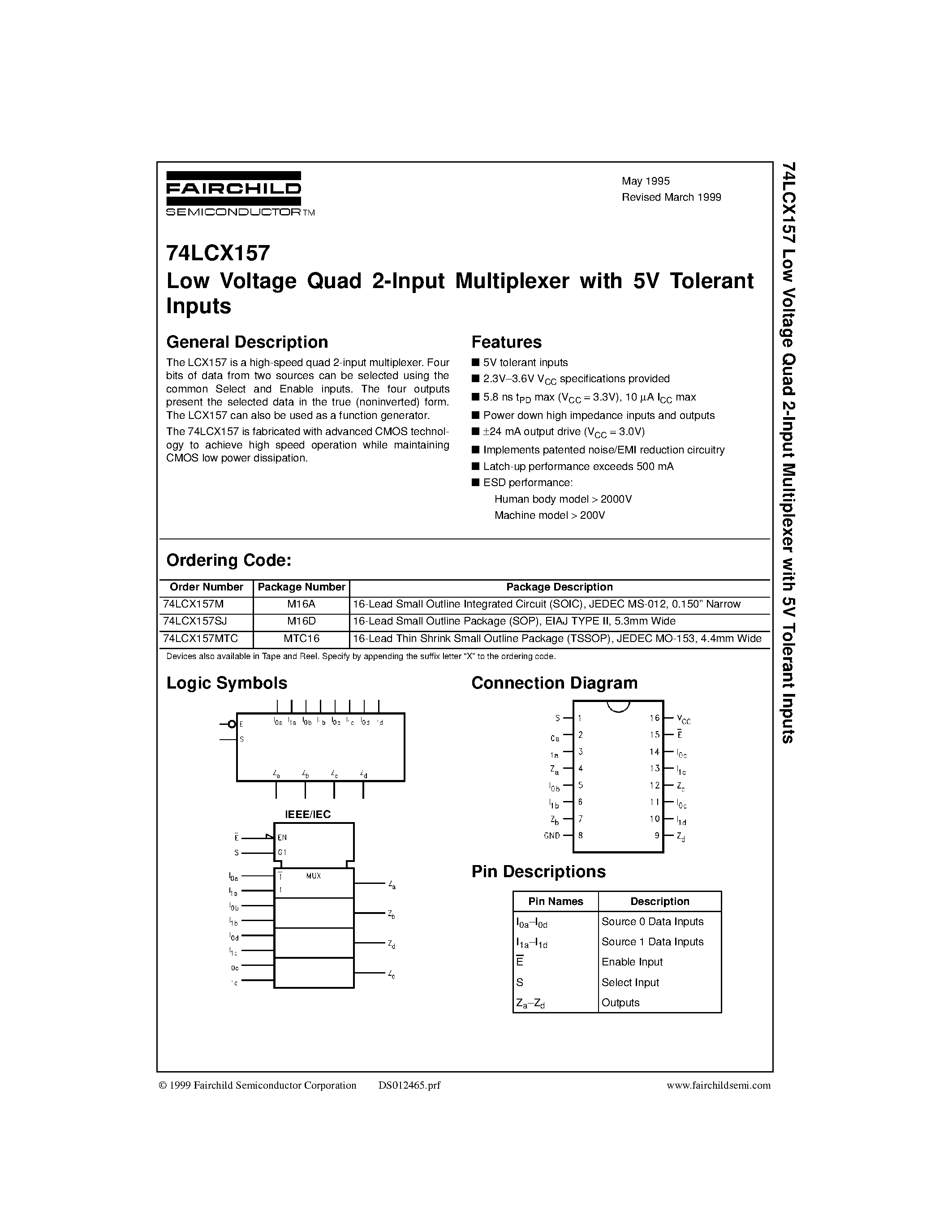 Даташит 74LCX157 - Low Voltage Quad 2-Input Multiplexer with 5V Tolerant Inputs страница 1