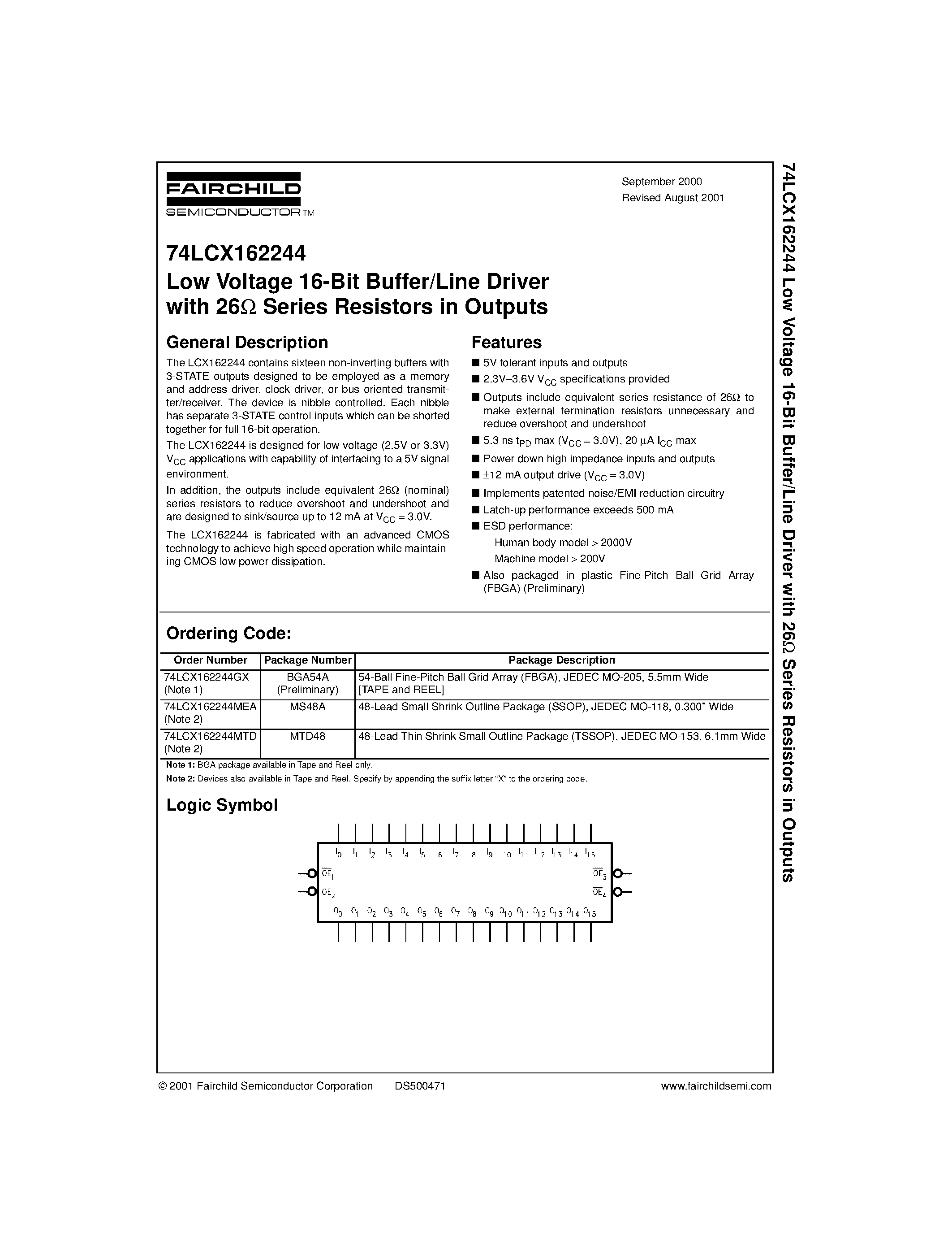 Даташит 74LCX162244MTD - Low Voltage 16-Bit Buffer/Line Driver with 26 Series Resistors in Outputs страница 1