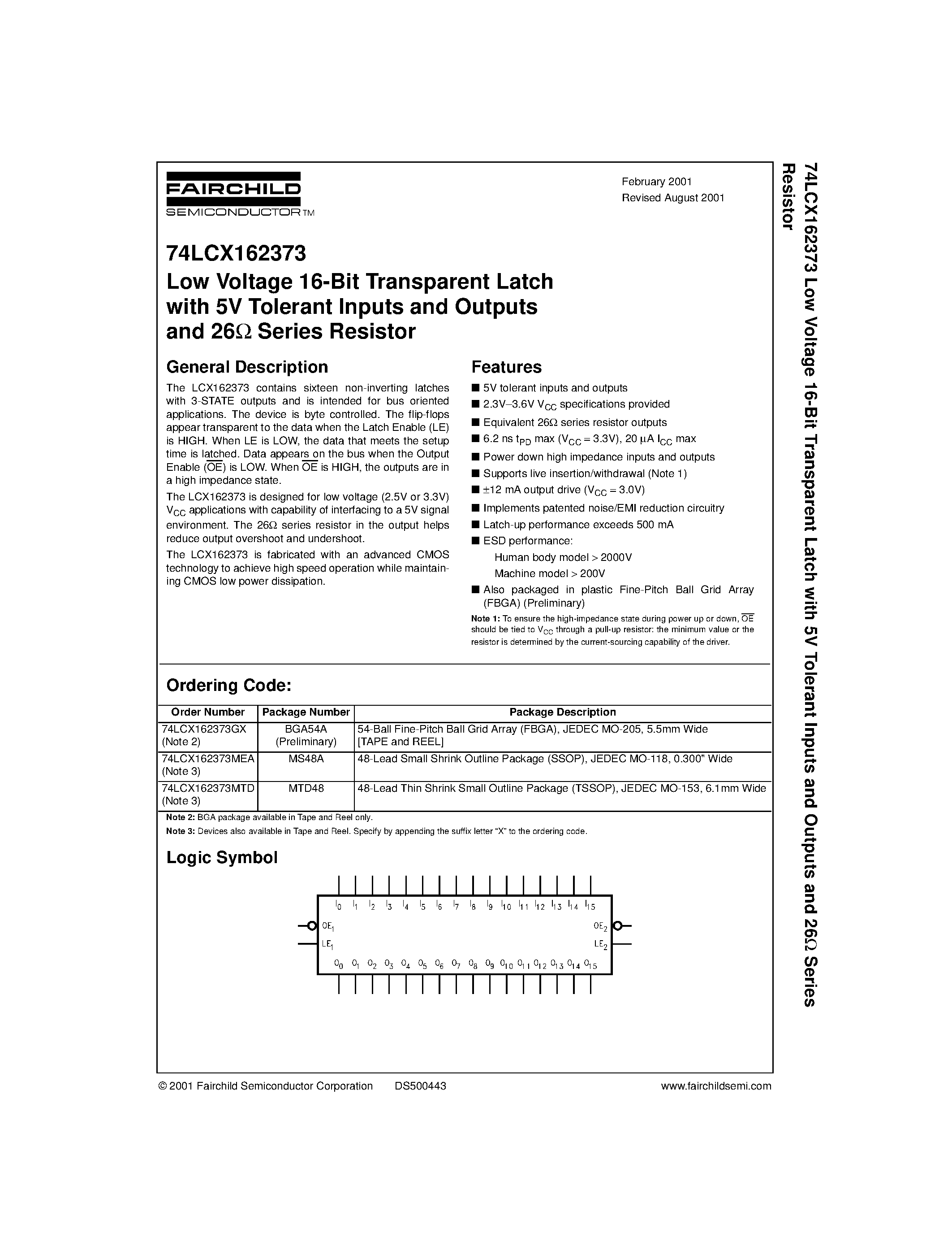 Datasheet 74LCX162373 - Low Voltage 16-Bit Transparent Latch with 5V Tolerant Inputs and Outputs and 26 Series Resistor page 1