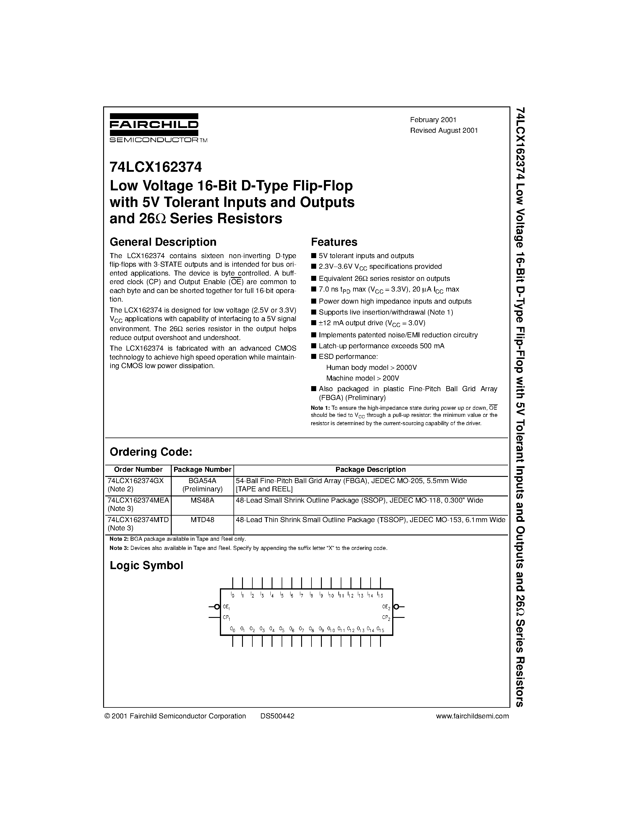 Datasheet 74LCX162374 - Low Voltage 16-Bit D-Type Flip-Flop with 5V Tolerant Inputs and Outputs and 26 Series Resistors page 1