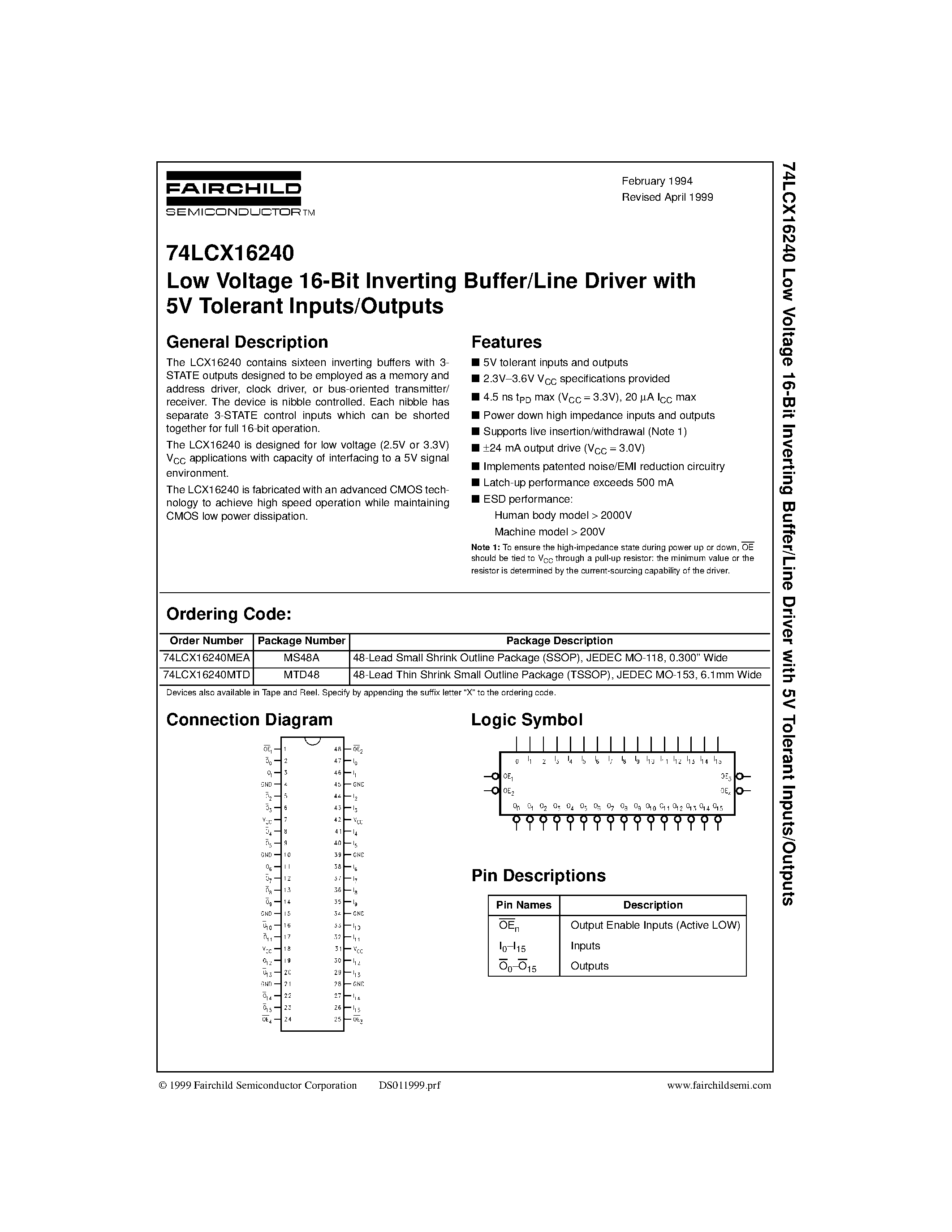 Даташит 74LCX16240MTD - Low Voltage 16-Bit Inverting Buffer/Line Driver with 5V Tolerant Inputs/Outputs страница 1