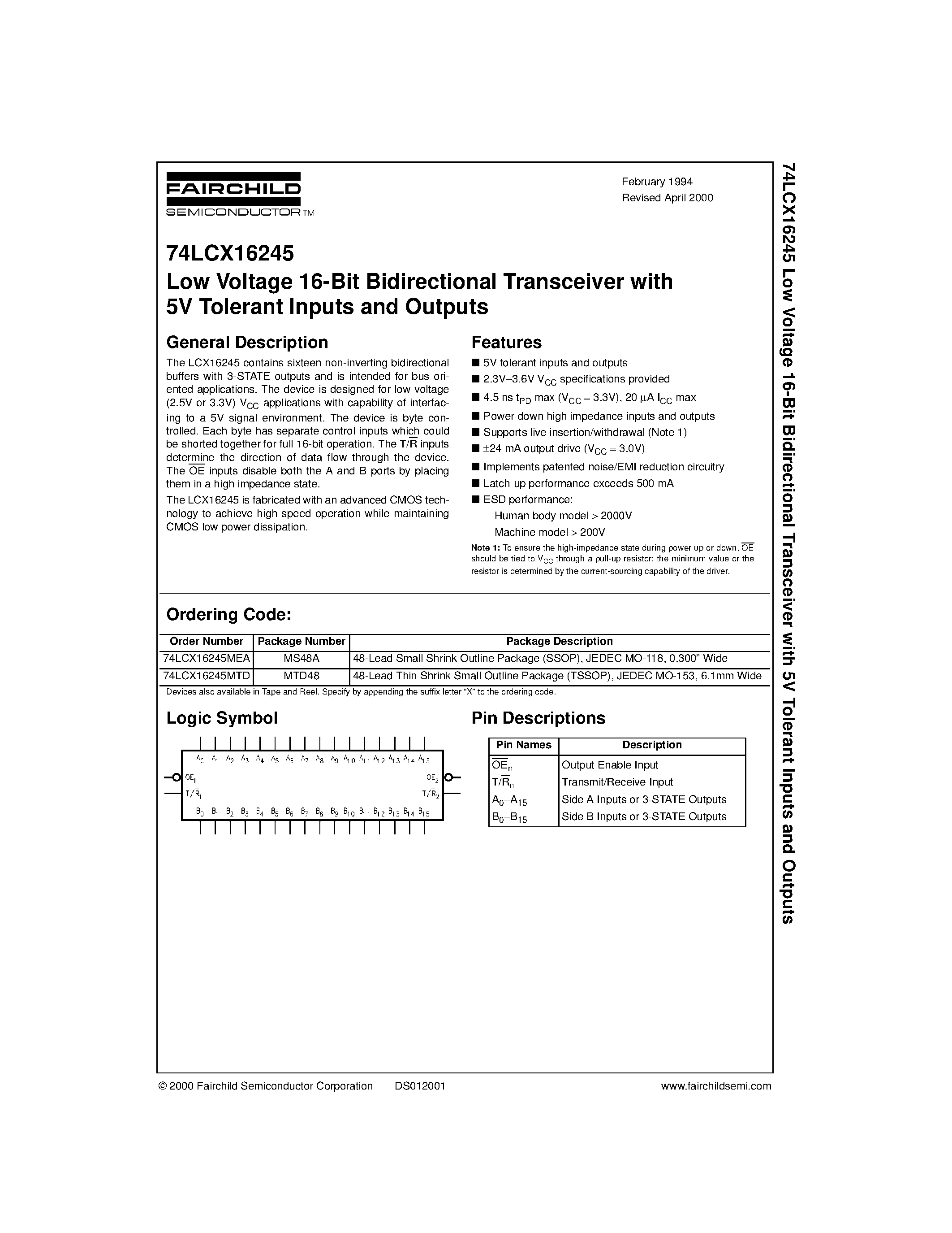 Даташит 74LCX16245 - Low Voltage 16-Bit Bidirectional Transceiver with 5V Tolerant Inputs and Outputs страница 1