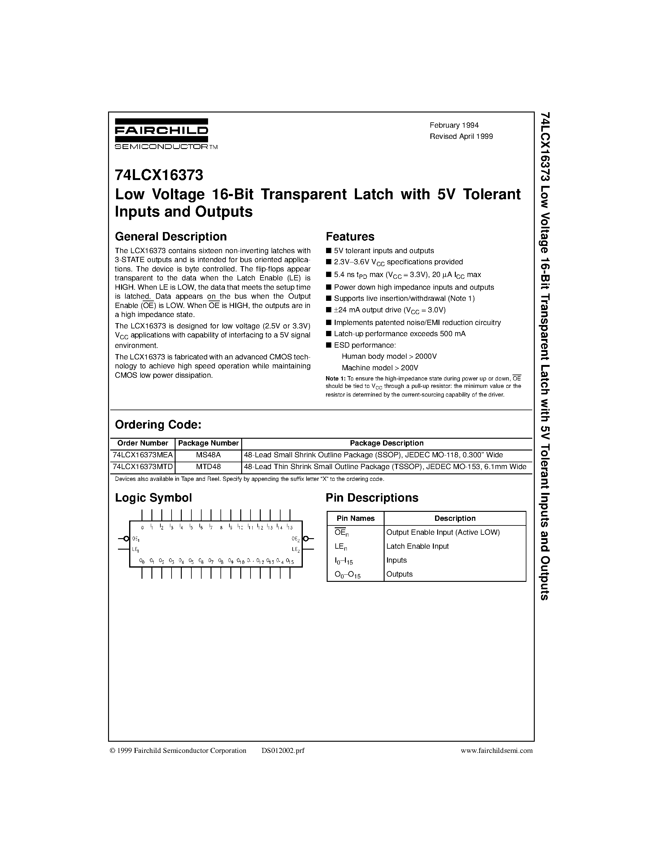 Даташит 74LCX16373 - Low Voltage 16-Bit Transparent Latch with 5V Tolerant Inputs and Outputs страница 1