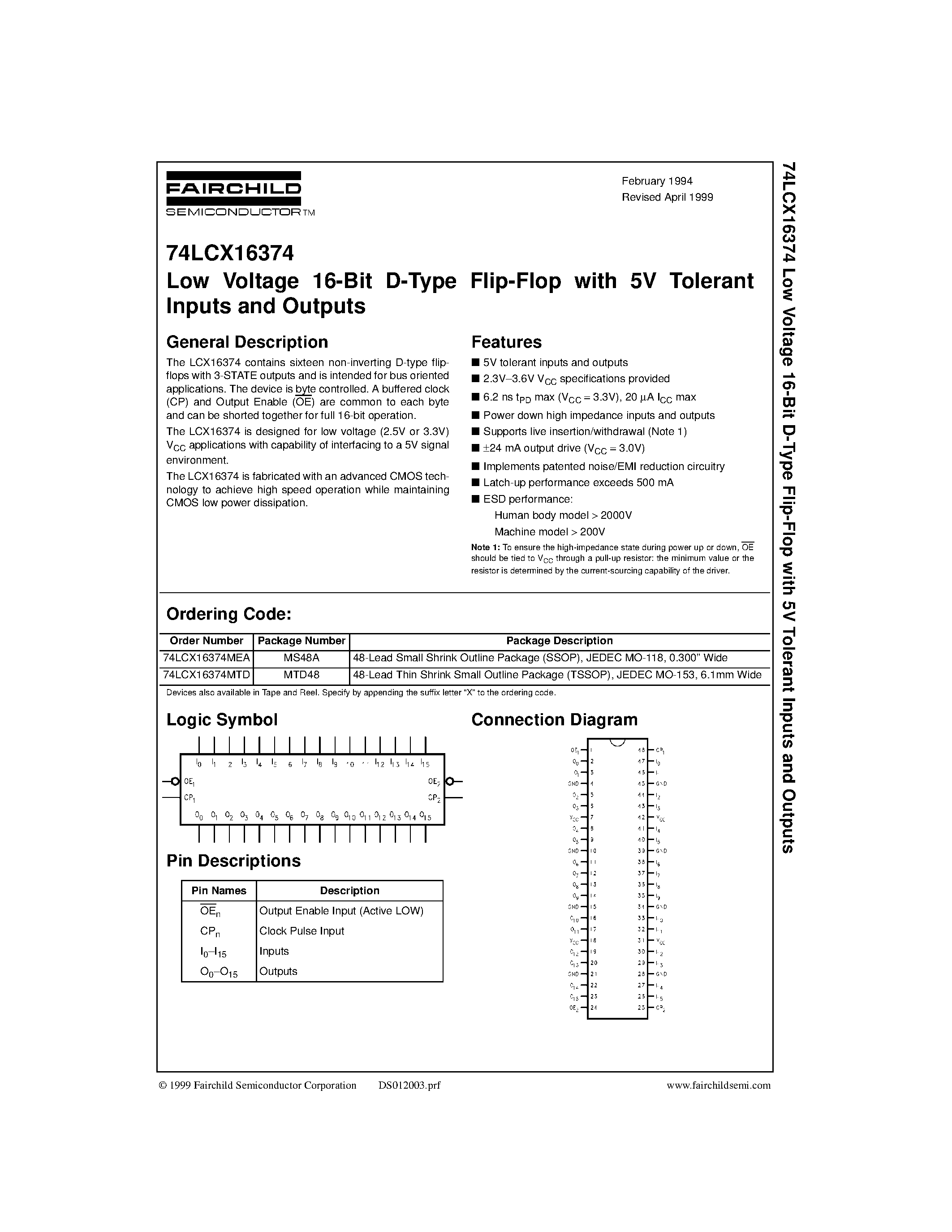 Даташит 74LCX16374 - Low Voltage 16-Bit D-Type Flip-Flop with 5V Tolerant Inputs and Outputs страница 1