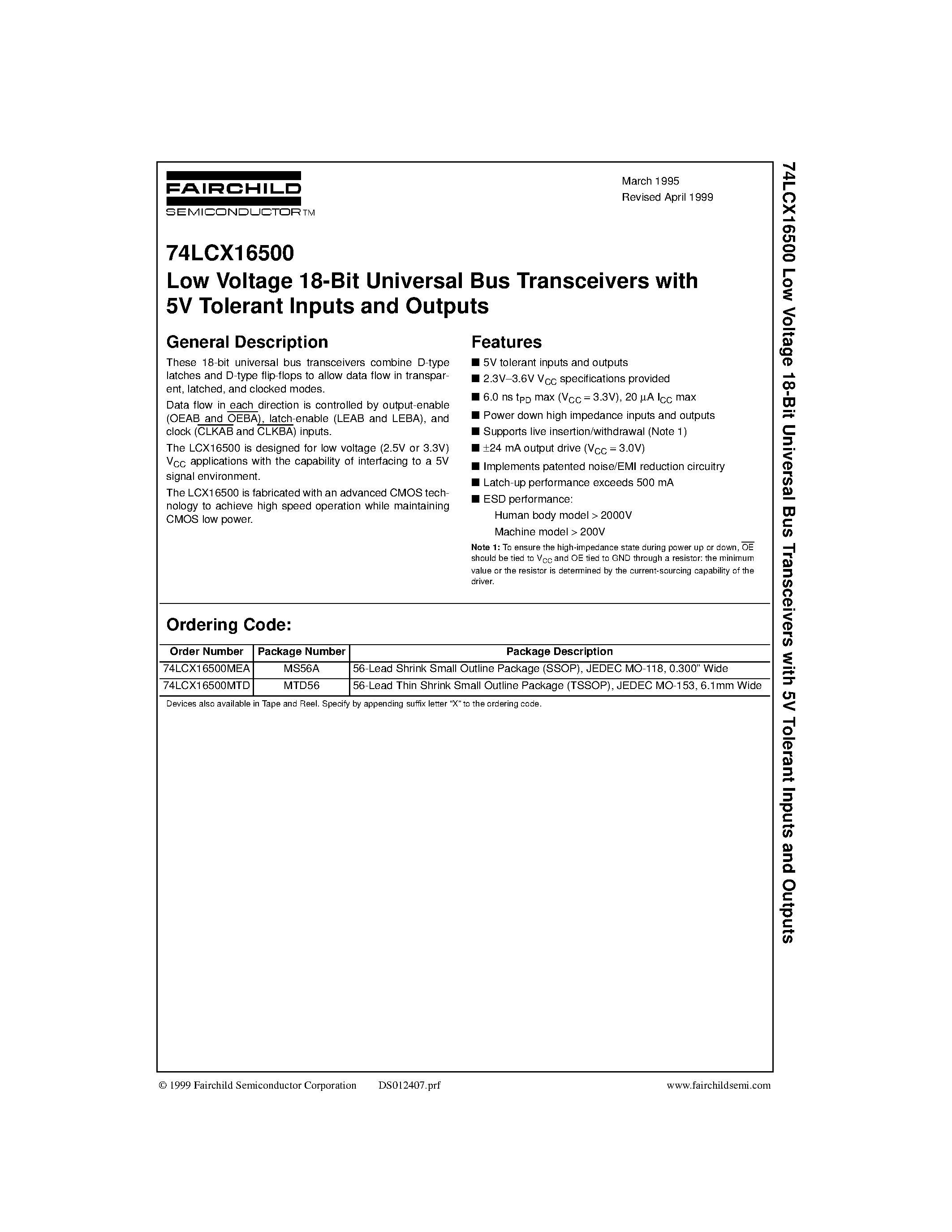 Даташит 74LCX16500 - Low Voltage 18-Bit Universal Bus Transceivers with 5V Tolerant Inputs and Outputs страница 1