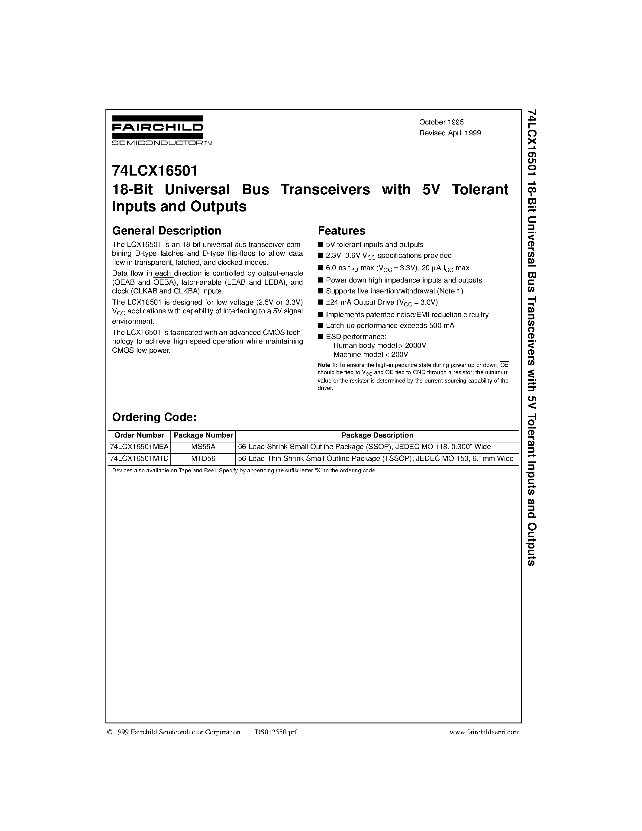 Даташит 74LCX16501 - 18-Bit Universal Bus Transceivers with 5V Tolerant Inputs and Outputs страница 1