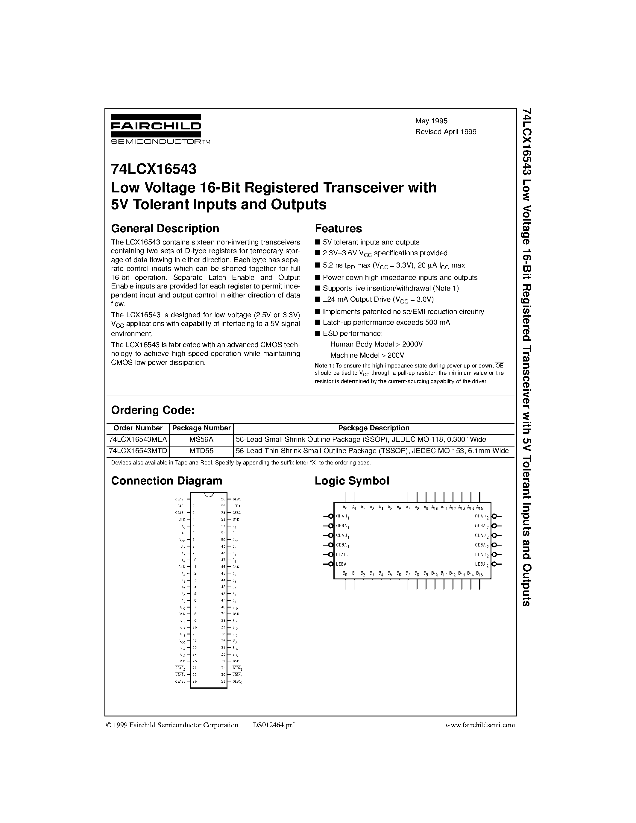 Даташит 74LCX16543 - Low Voltage 16-Bit Registered Transceiver with 5V Tolerant Inputs and Outputs страница 1