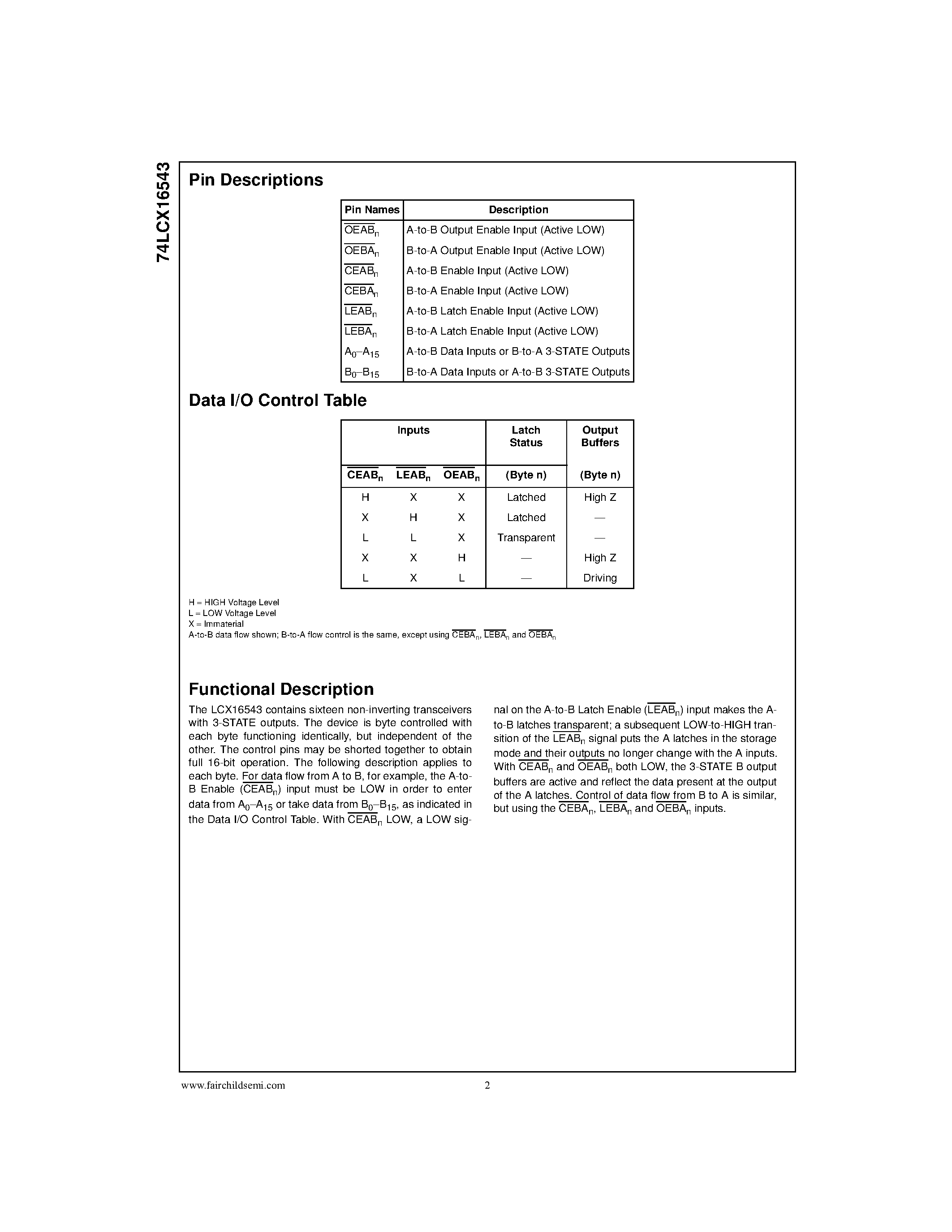 Даташит 74LCX16543 - Low Voltage 16-Bit Registered Transceiver with 5V Tolerant Inputs and Outputs страница 2