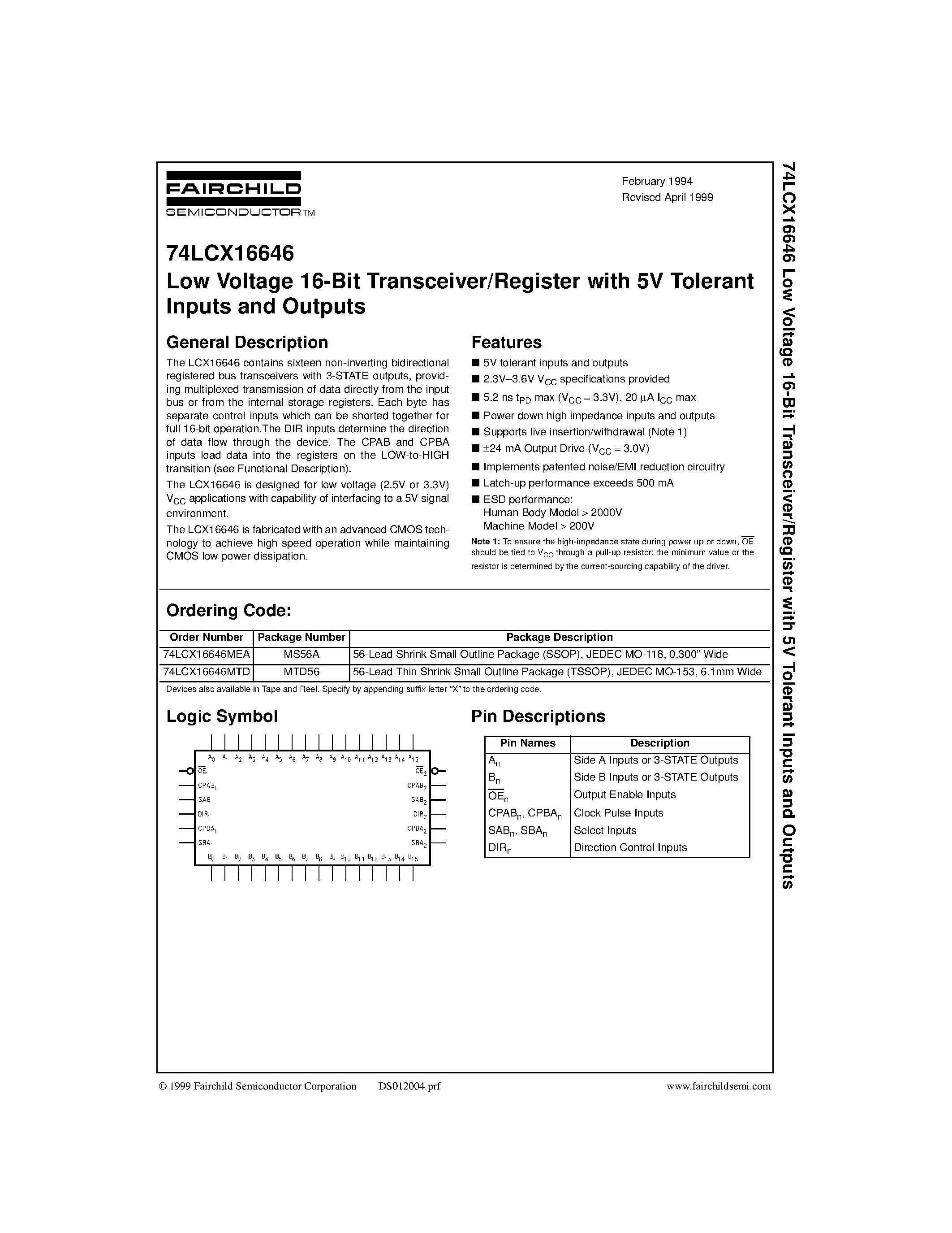 Даташит 74LCX16646 - Low Voltage 16-Bit Transceiver/Register with 5V Tolerant Inputs and Outputs страница 1