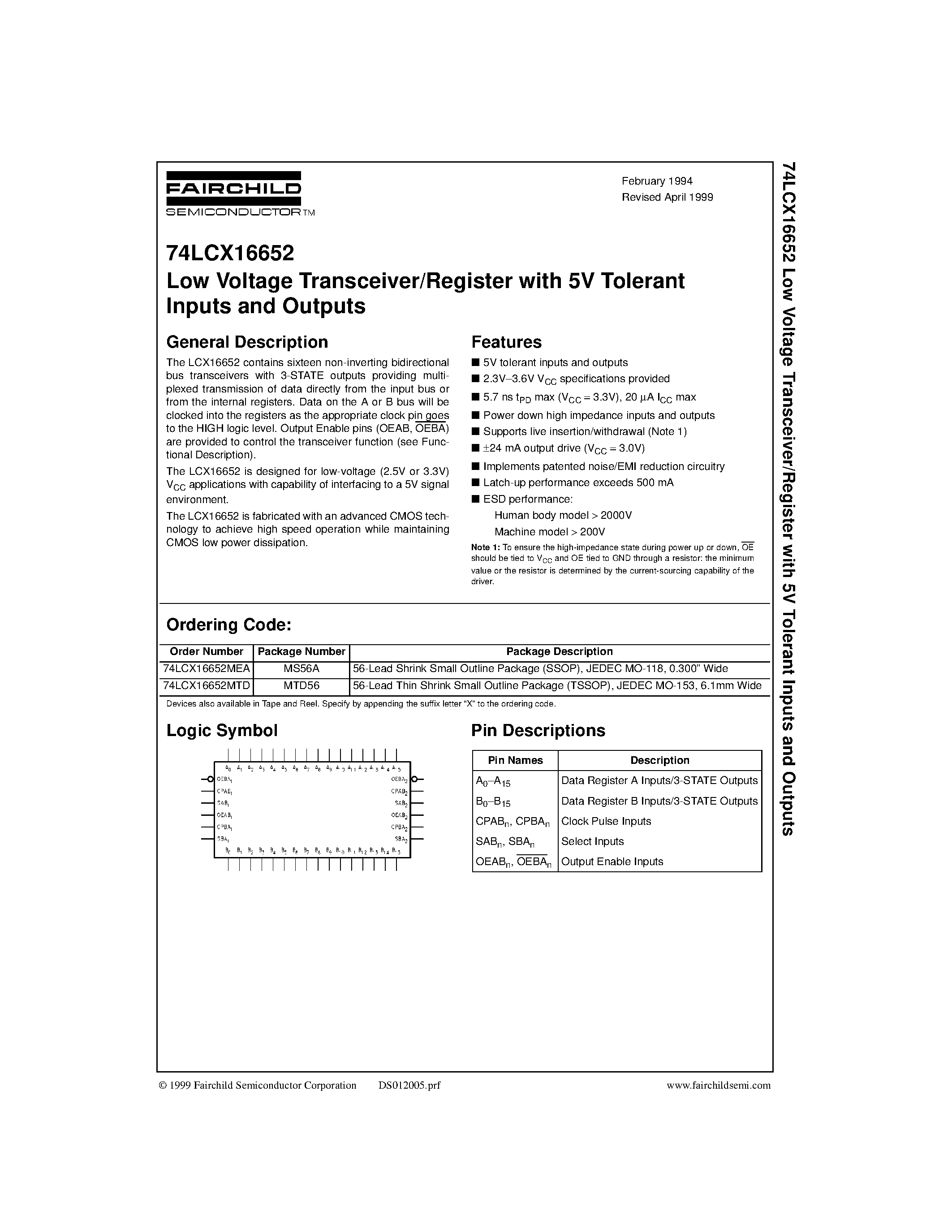 Даташит 74LCX16652 - Low Voltage Transceiver/Register with 5V Tolerant Inputs and Outputs страница 1