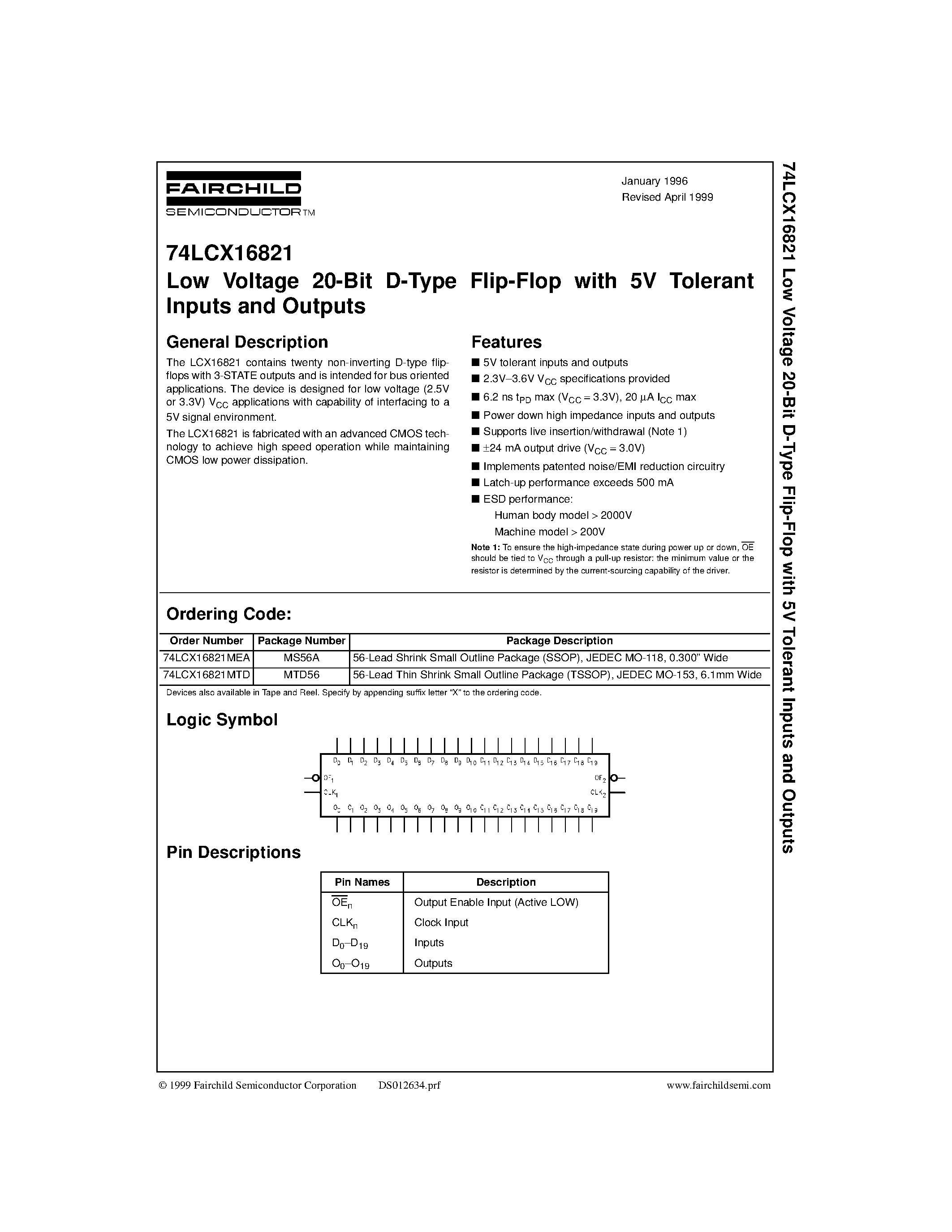 Даташит 74LCX16821MEA - Low Voltage 20-Bit D-Type Flip-Flop with 5V Tolerant Inputs and Outputs страница 1