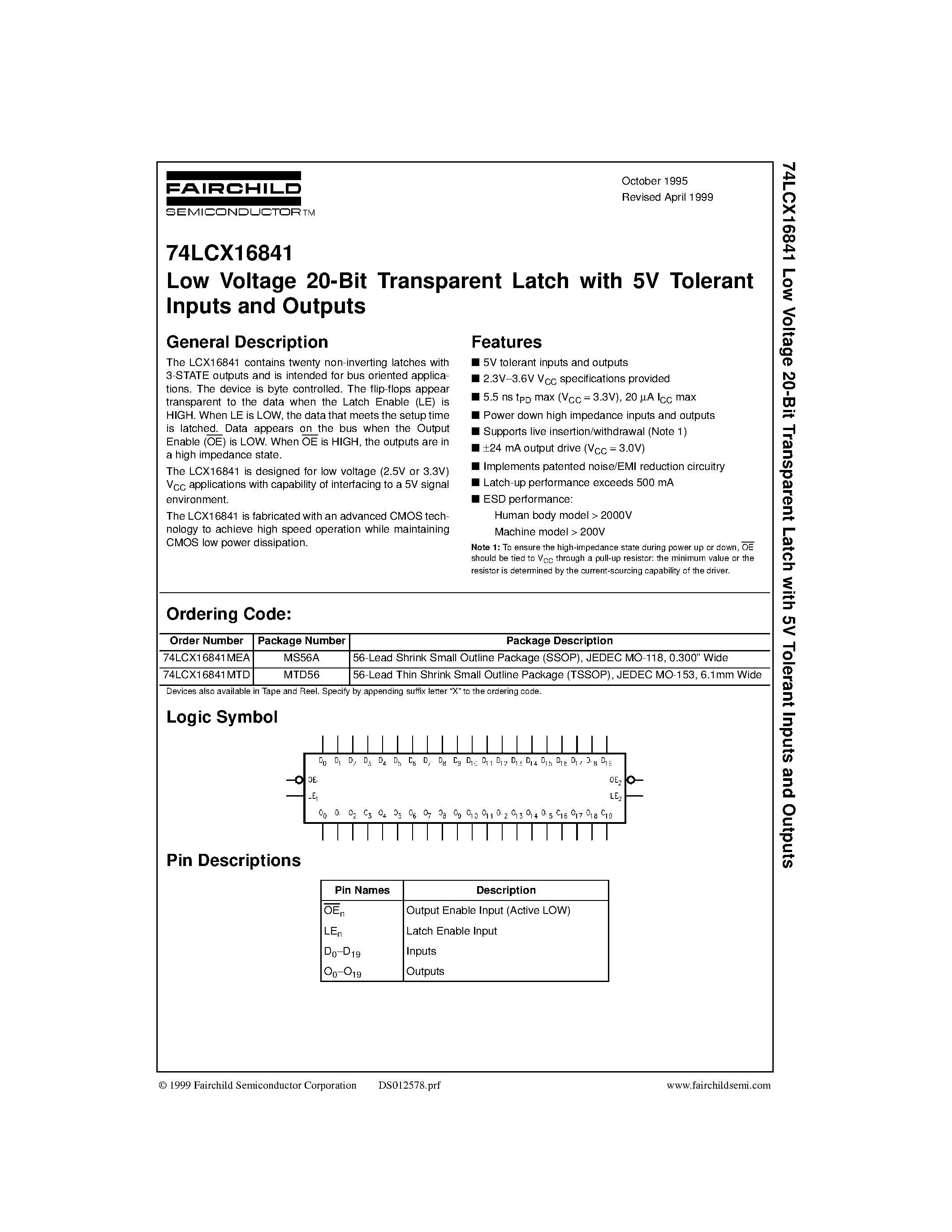 Даташит 74LCX16841 - Low Voltage 20-Bit Transparent Latch with 5V Tolerant Inputs and Outputs страница 1