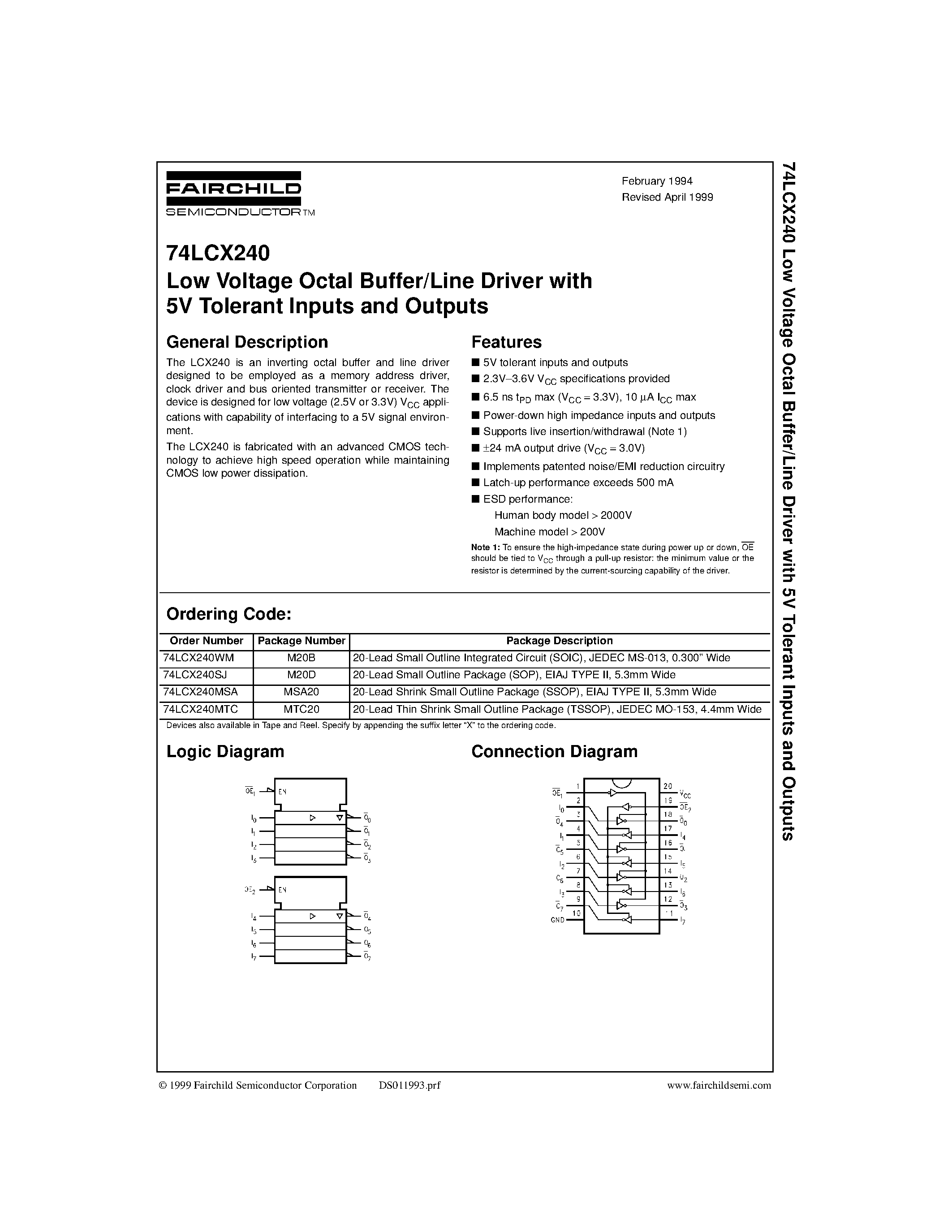 Даташит 74LCX240 - Low Voltage Octal Buffer/Line Driver with 5V Tolerant Inputs and Outputs страница 1