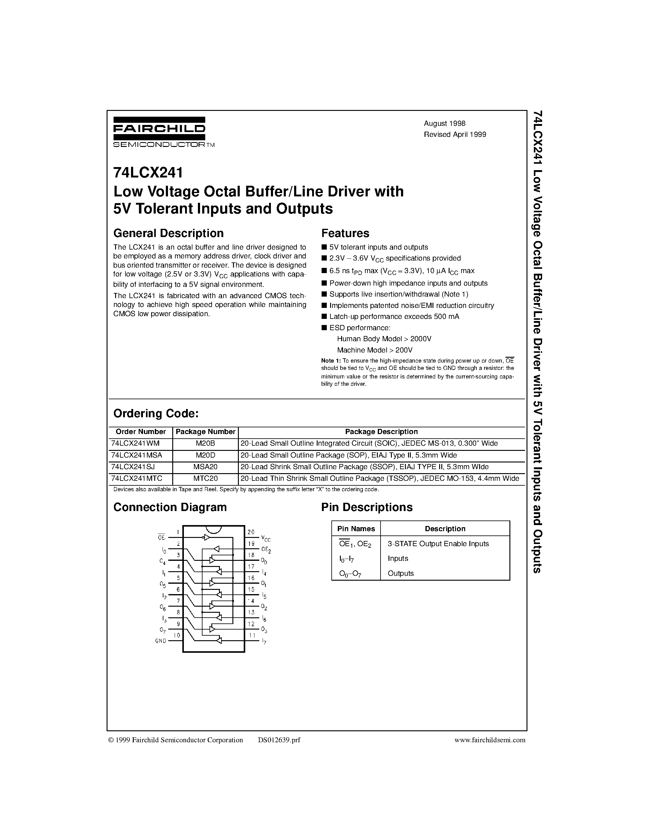 Даташит 74LCX241 - Low Voltage Octal Buffer/Line Driver with 5V Tolerant Inputs and Outputs страница 1