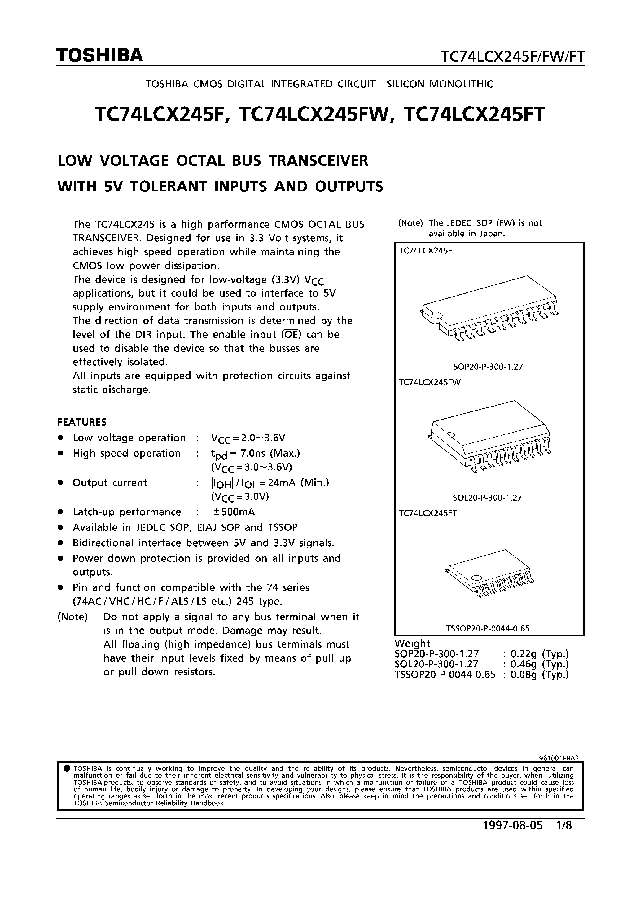 Даташит 74LCX245 - LOW VOLTAGE OCTAL BUS TRANSCEIVER WITH 5V TOLERANT INPUTS AND OUTPUTS страница 1