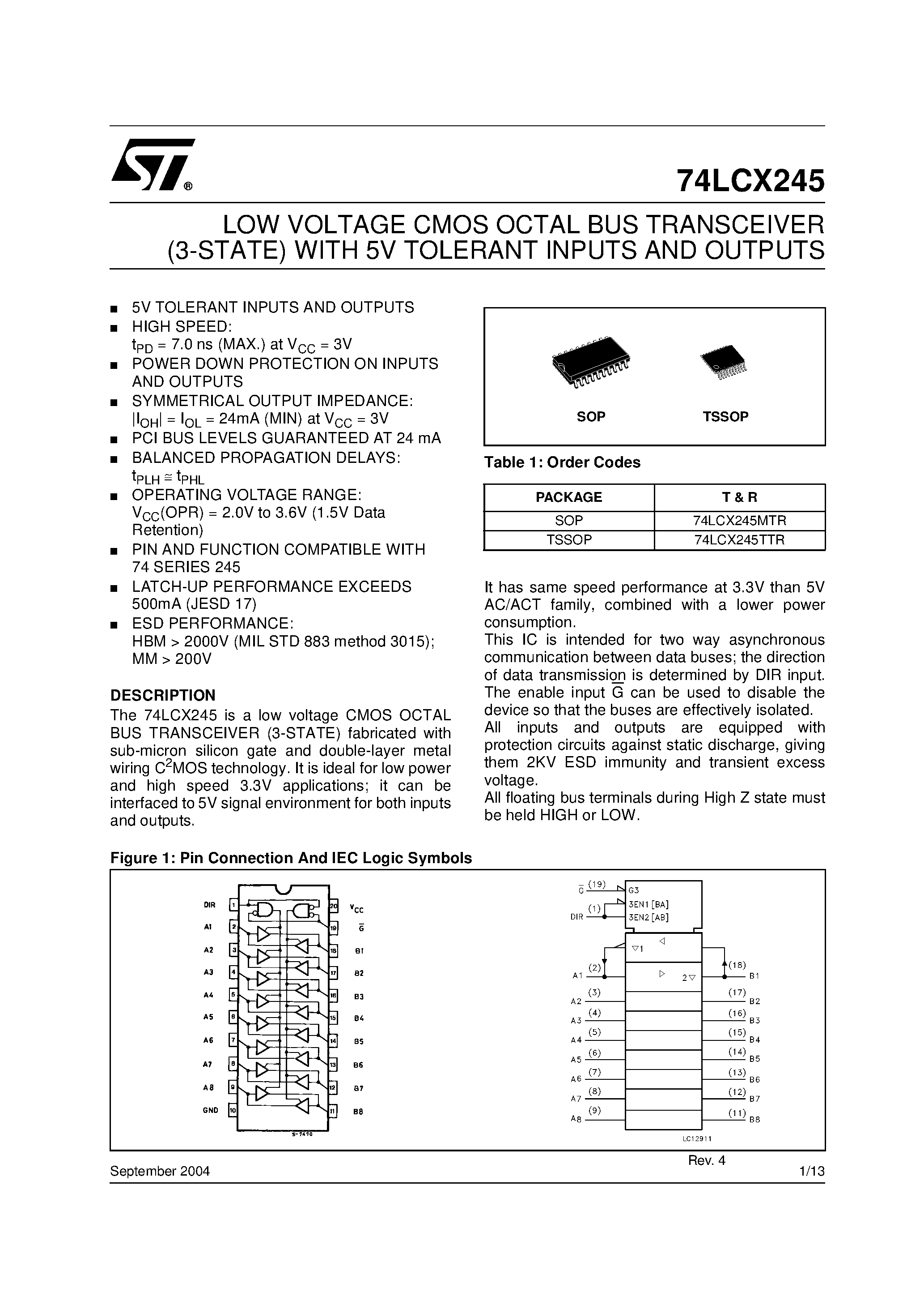 Даташит 74LCX245 - LOW VOLTAGE CMOS OCTAL BUS TRANSCEIVER (3-STATE) WITH 5V TOLERANT INPUTS AND OUTPUTS страница 1