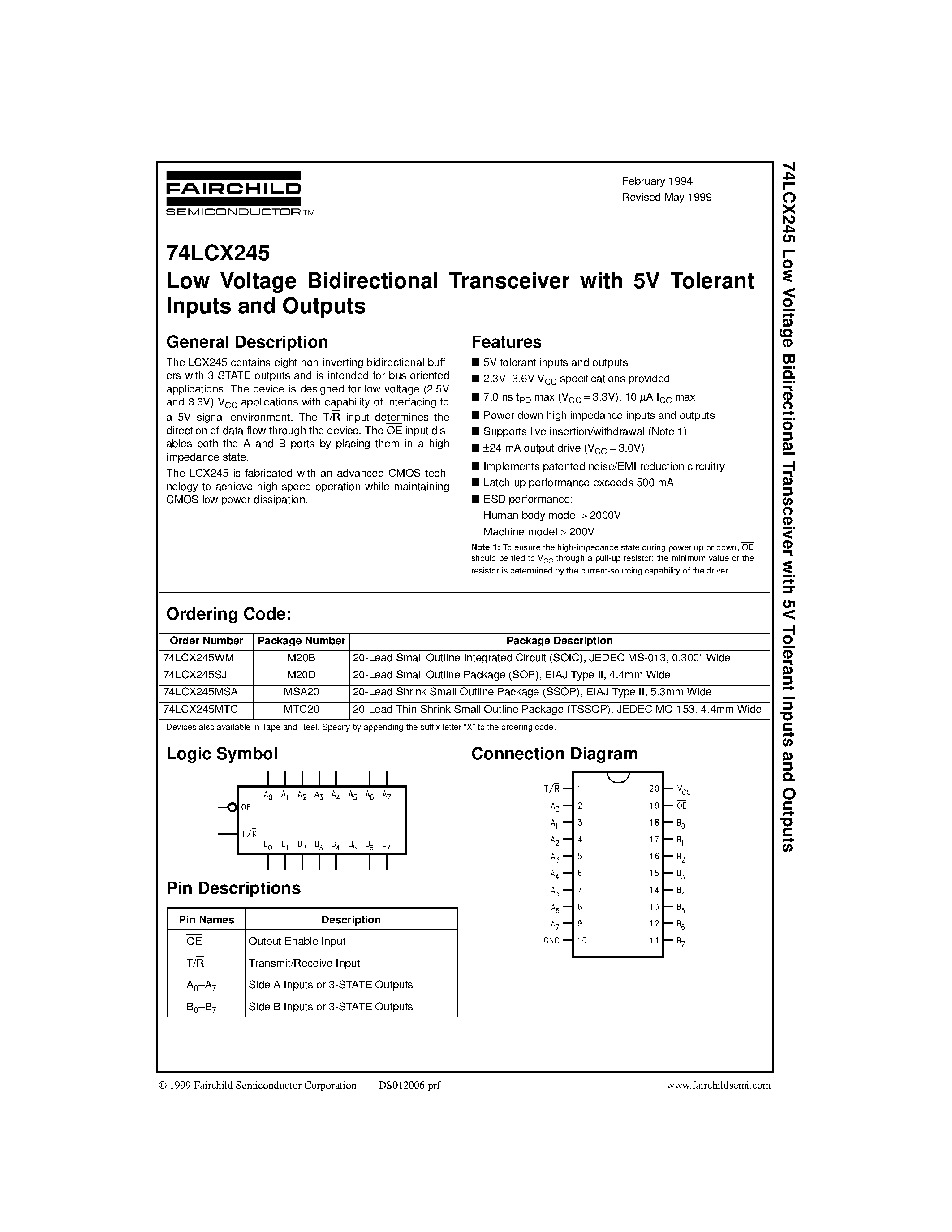 Даташит 74LCX245MSA - Low Voltage Bidirectional Transceiver with 5V Tolerant Inputs and Outputs страница 1