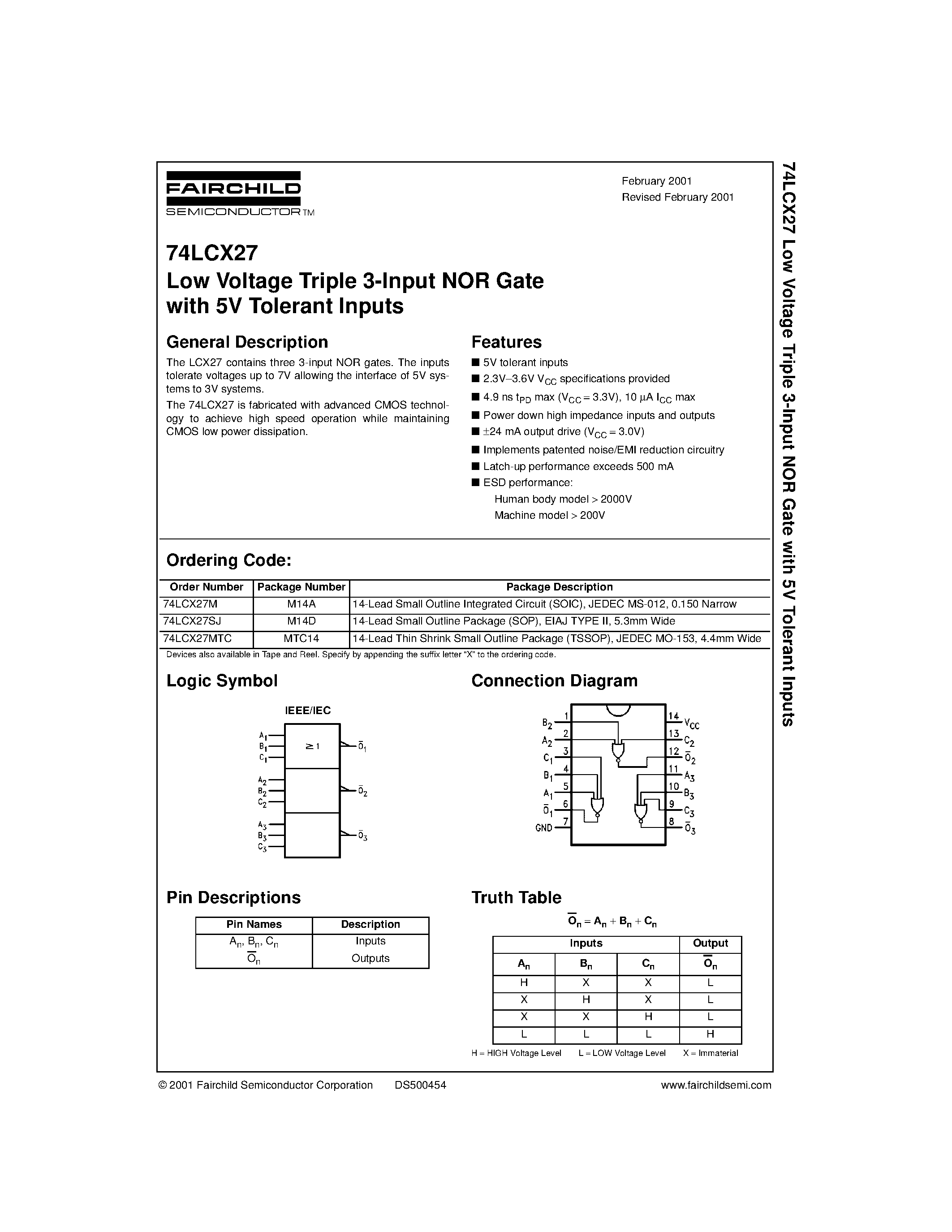 Даташит 74LCX27M - Low Voltage Triple 3-Input NOR Gate with 5V Tolerant Inputs страница 1