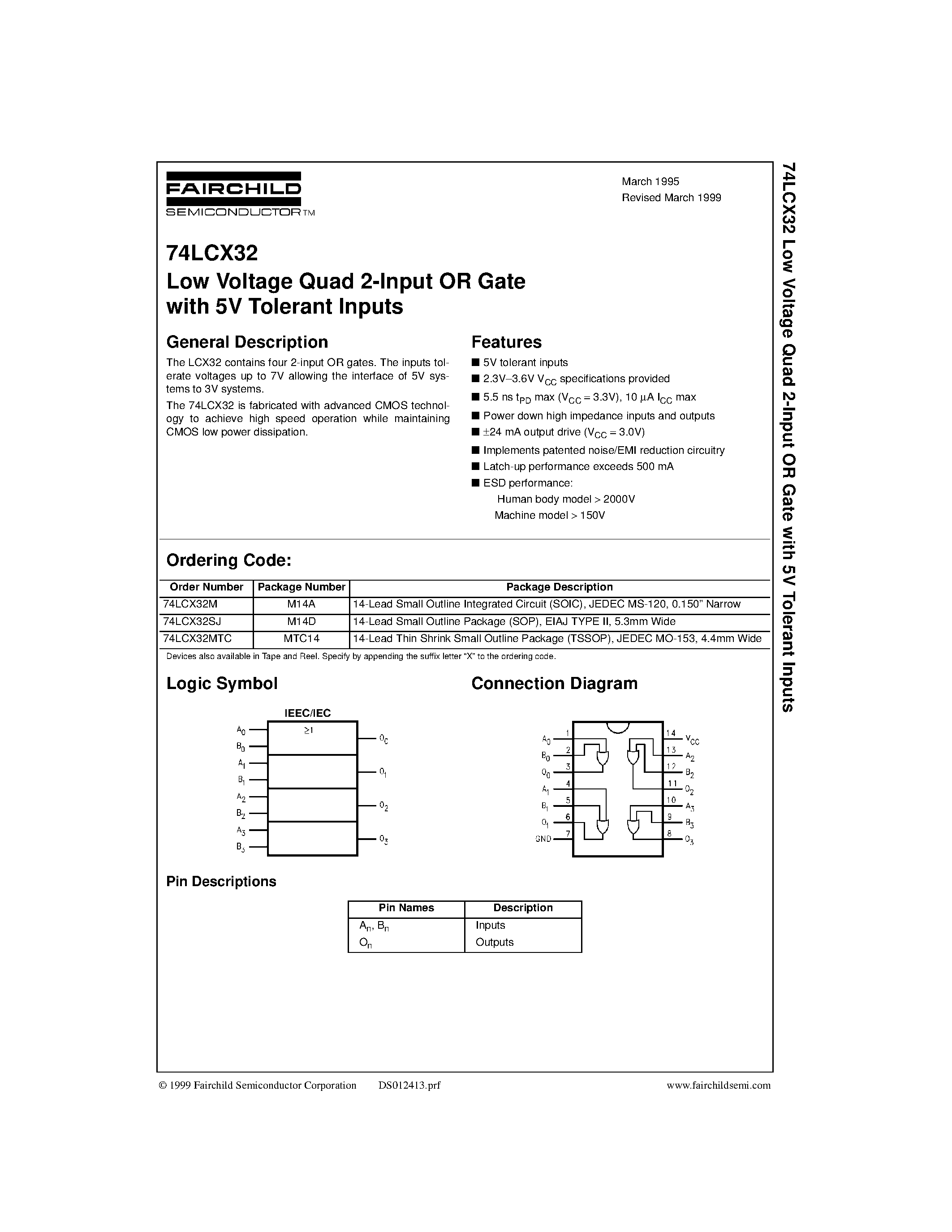 Даташит 74LCX32 - Low Voltage Quad 2-Input OR Gate with 5V Tolerant Inputs страница 1