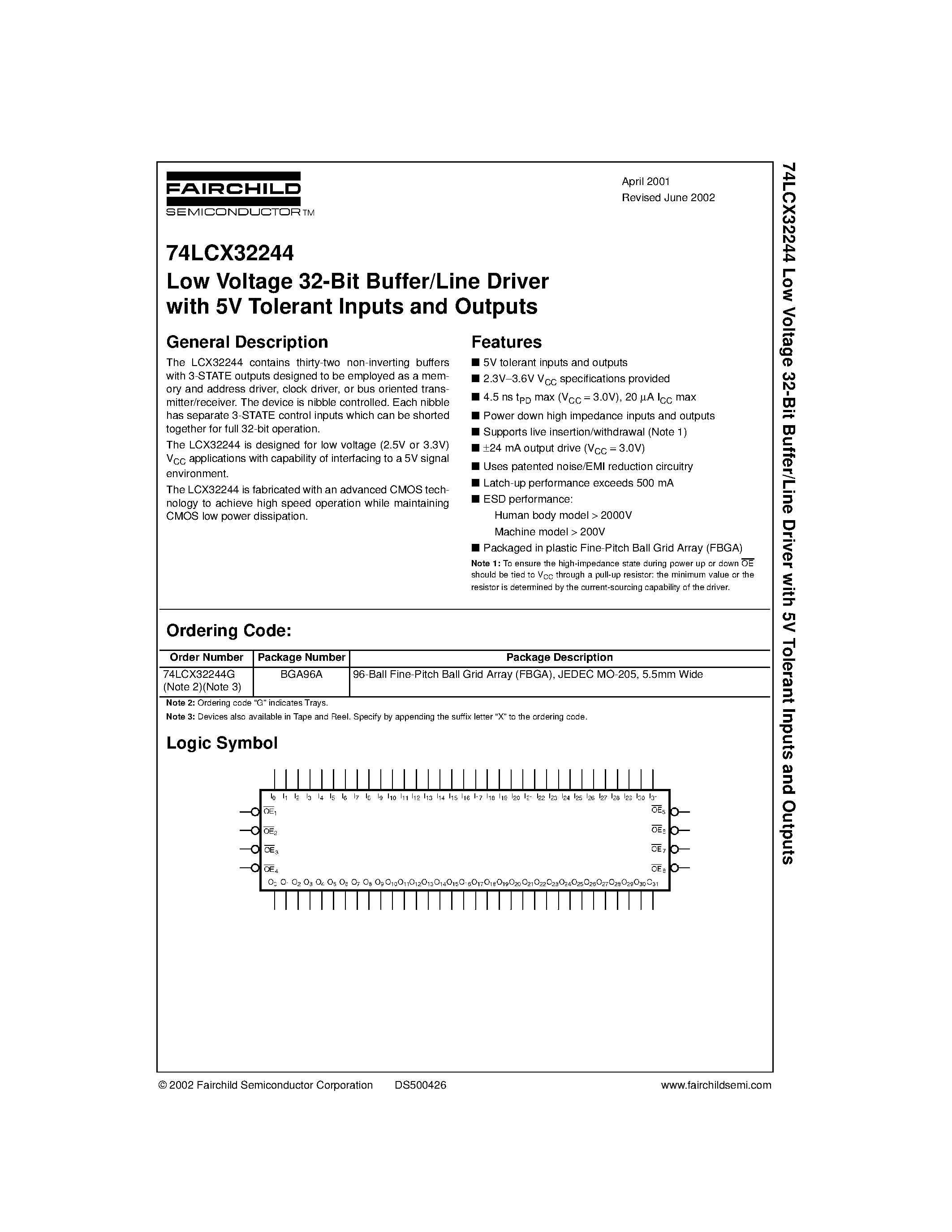 Даташит 74LCX32244 - Low Voltage 32-Bit Buffer/Line Driver with 5V Tolerant Inputs and Outputs страница 1