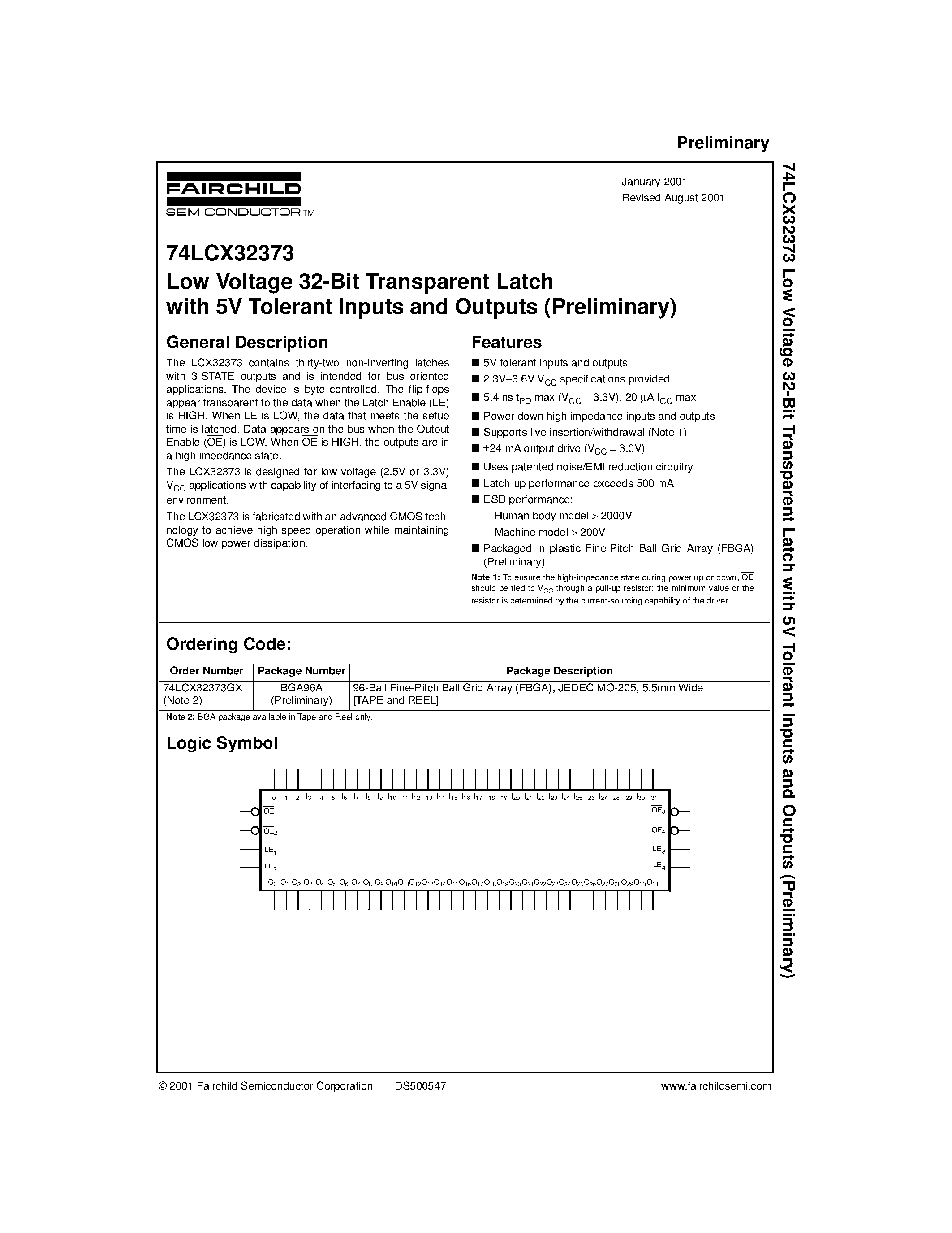 Даташит 74LCX32373 - Low Voltage 32-Bit Transparent Latch with 5V Tolerant Inputs and Outputs Preliminary страница 1