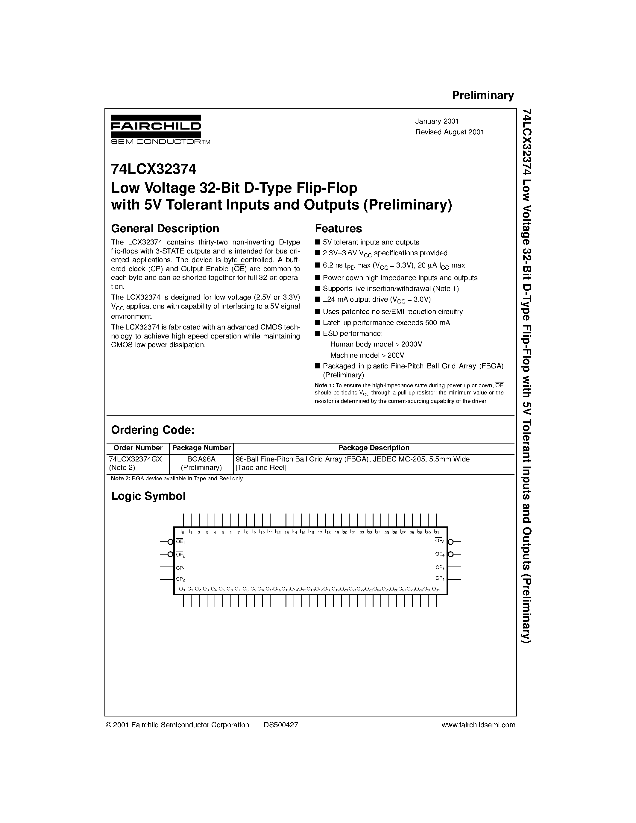 Даташит 74LCX32374 - Low Voltage 32-Bit D-Type Flip-Flop with 5V Tolerant Inputs and Outputs Preliminary страница 1