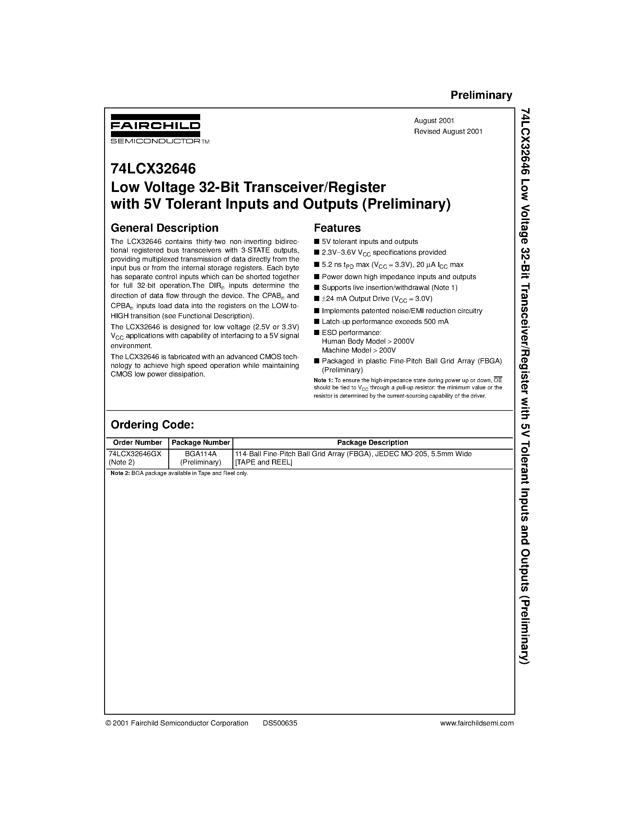 Даташит 74LCX32646 - Low Voltage 32-Bit Transceiver/Register with 5V Tolerant Inputs and Outputs (Preliminary) страница 1