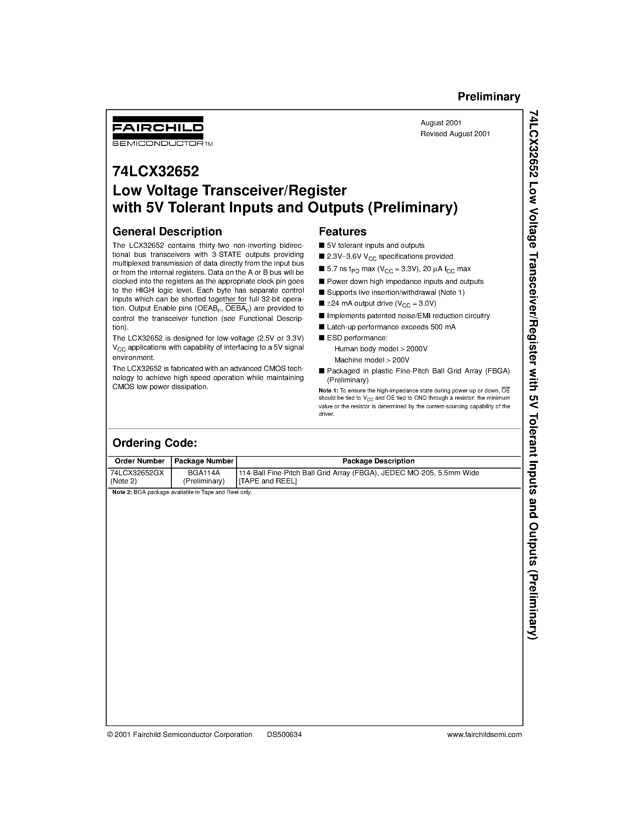 Даташит 74LCX32652 - Low Voltage Transceiver/Register with 5V Tolerant Inputs and Outputs (Preliminary) страница 1