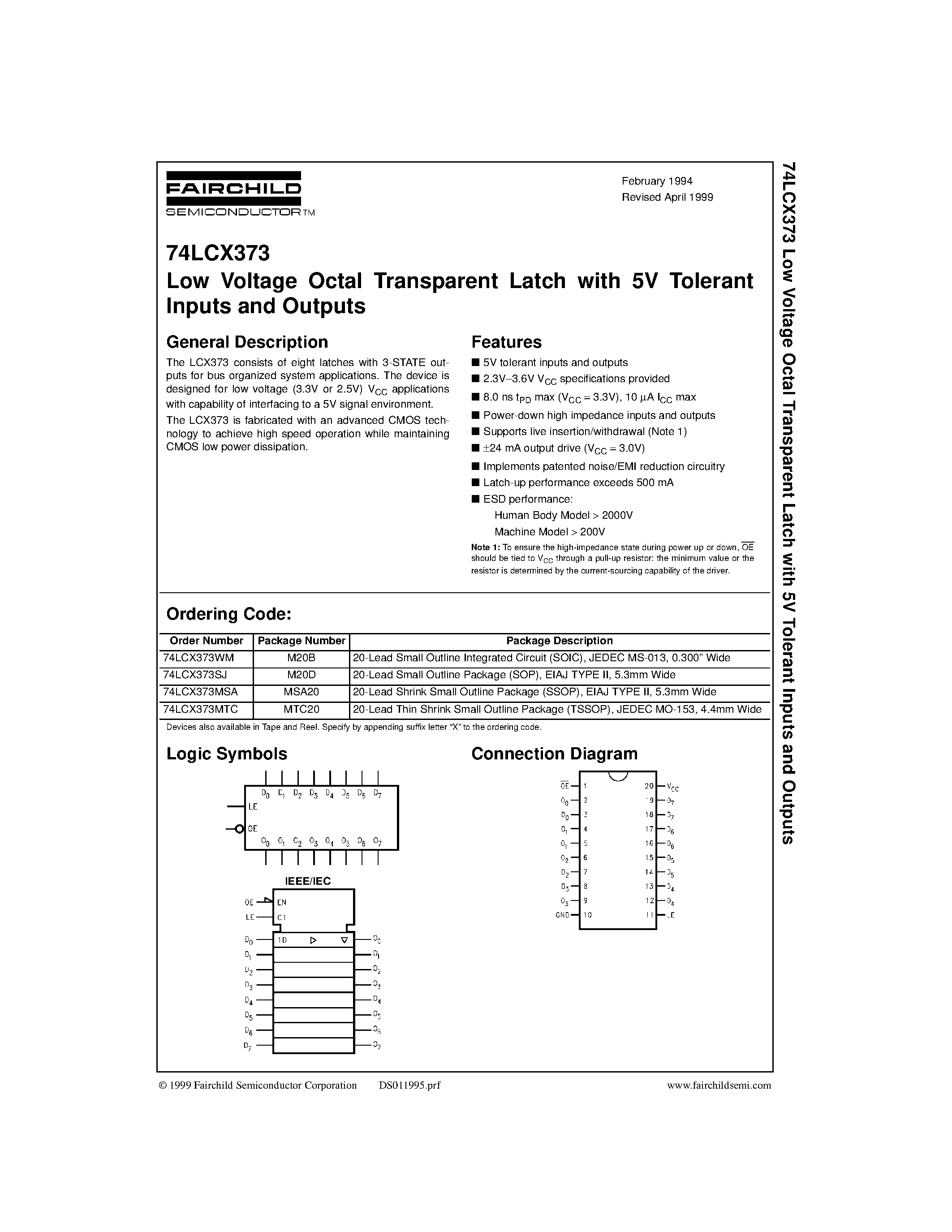 Даташит 74LCX373 - Low Voltage Octal Transparent Latch with 5V Tolerant Inputs and Outputs страница 1