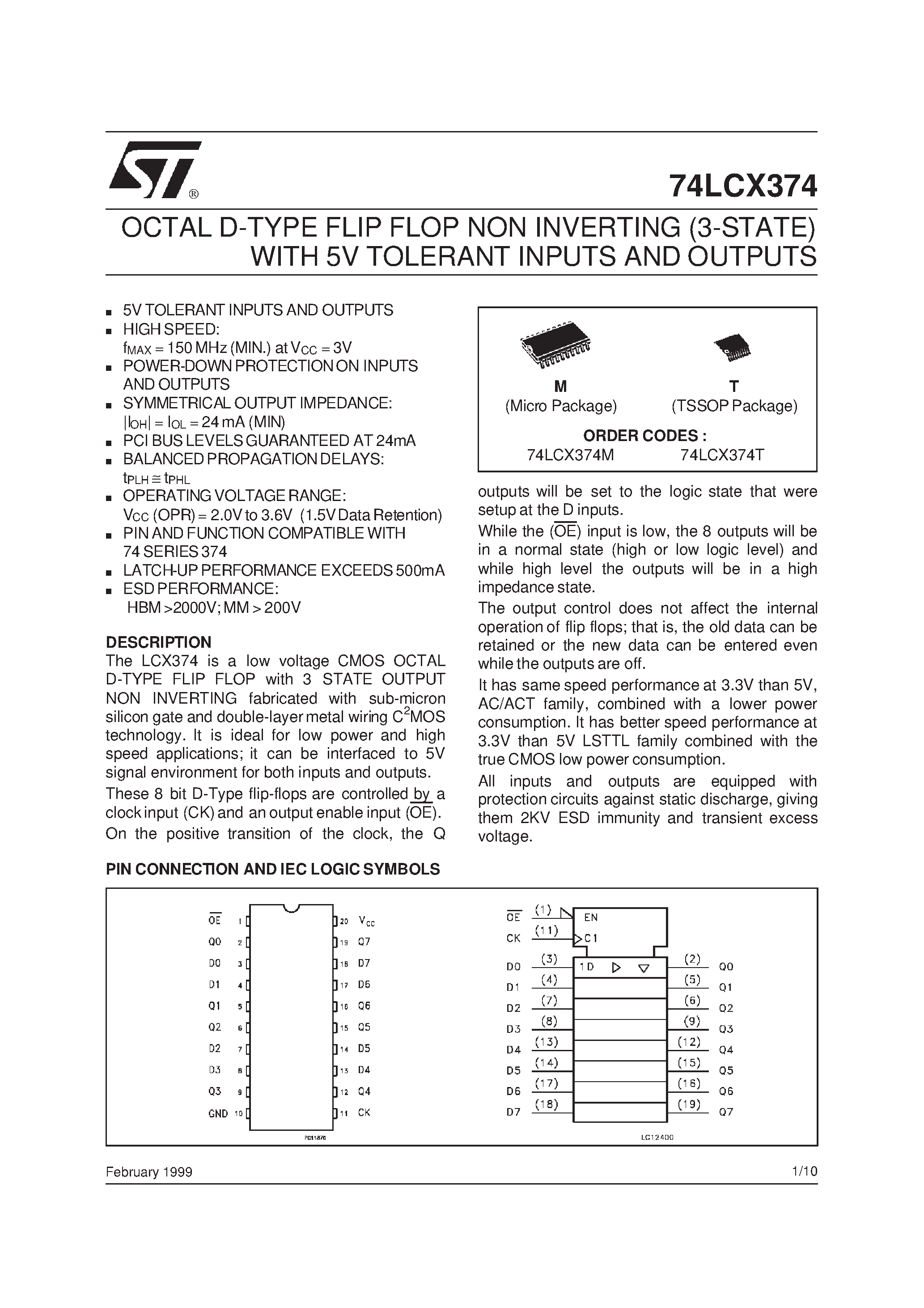 Даташит 74LCX374 - OCTAL D-TYPE FLIP FLOP NON INVERTING 3-STATE WITH 5V TOLERANT INPUTS AND OUTPUTS страница 1