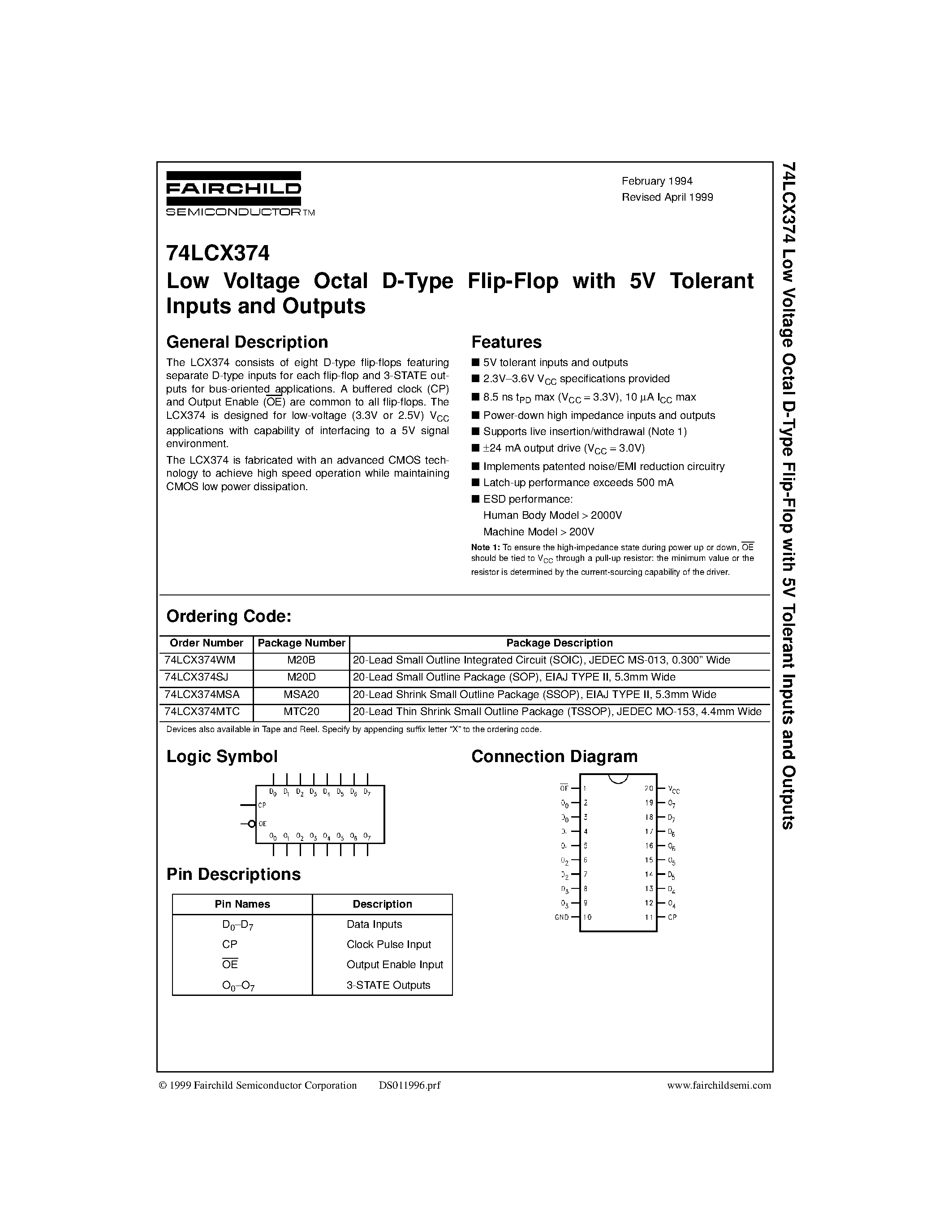 Даташит 74LCX374MSA - Low Voltage Octal D-Type Flip-Flop with 5V Tolerant Inputs and Outputs страница 1