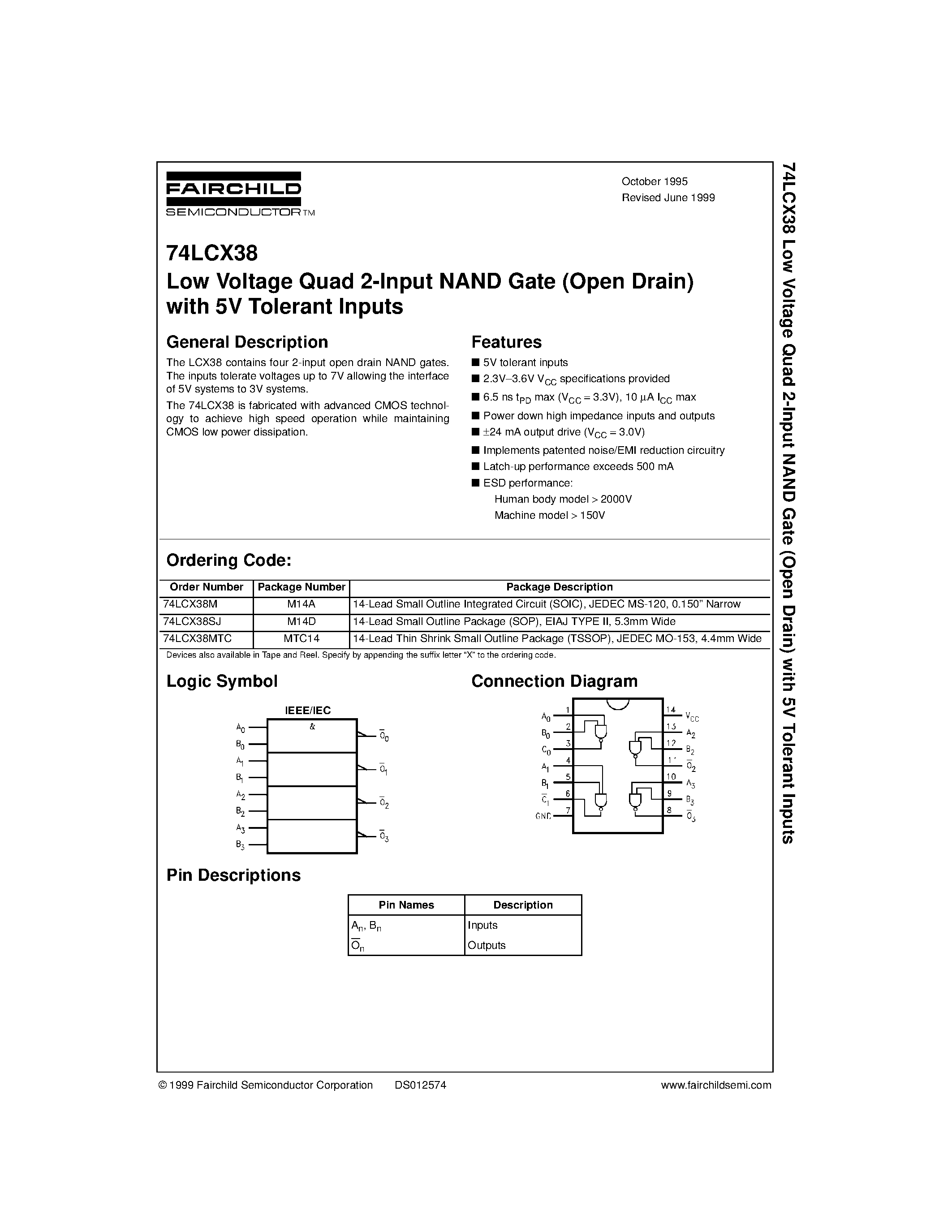 Даташит 74LCX38 - Low Voltage Quad 2-Input NAND Gate (Open Drain) with 5V Tolerant Inputs страница 1