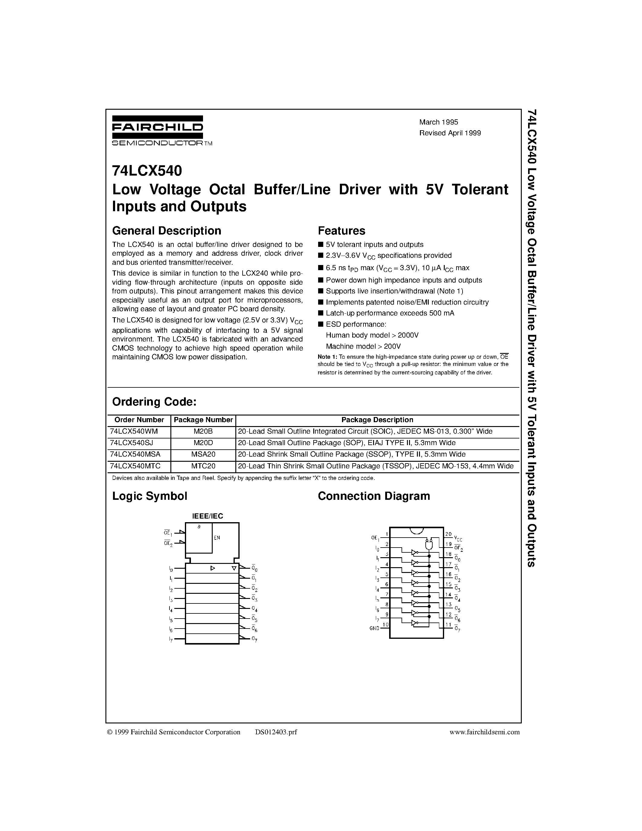 Даташит 74LCX540 - Low Voltage Octal Buffer/Line Driver with 5V Tolerant Inputs and Outputs страница 1