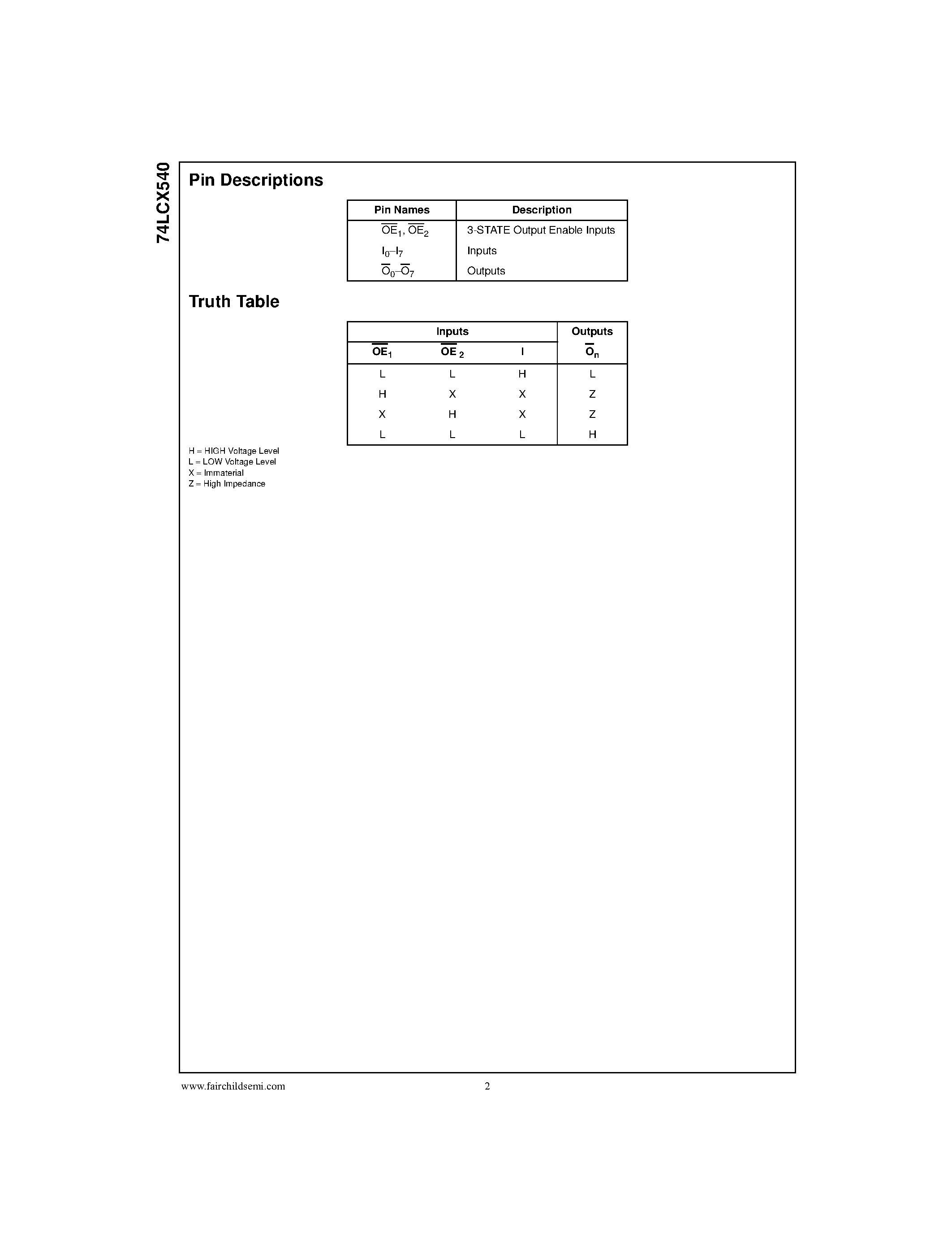 Даташит 74LCX540 - Low Voltage Octal Buffer/Line Driver with 5V Tolerant Inputs and Outputs страница 2