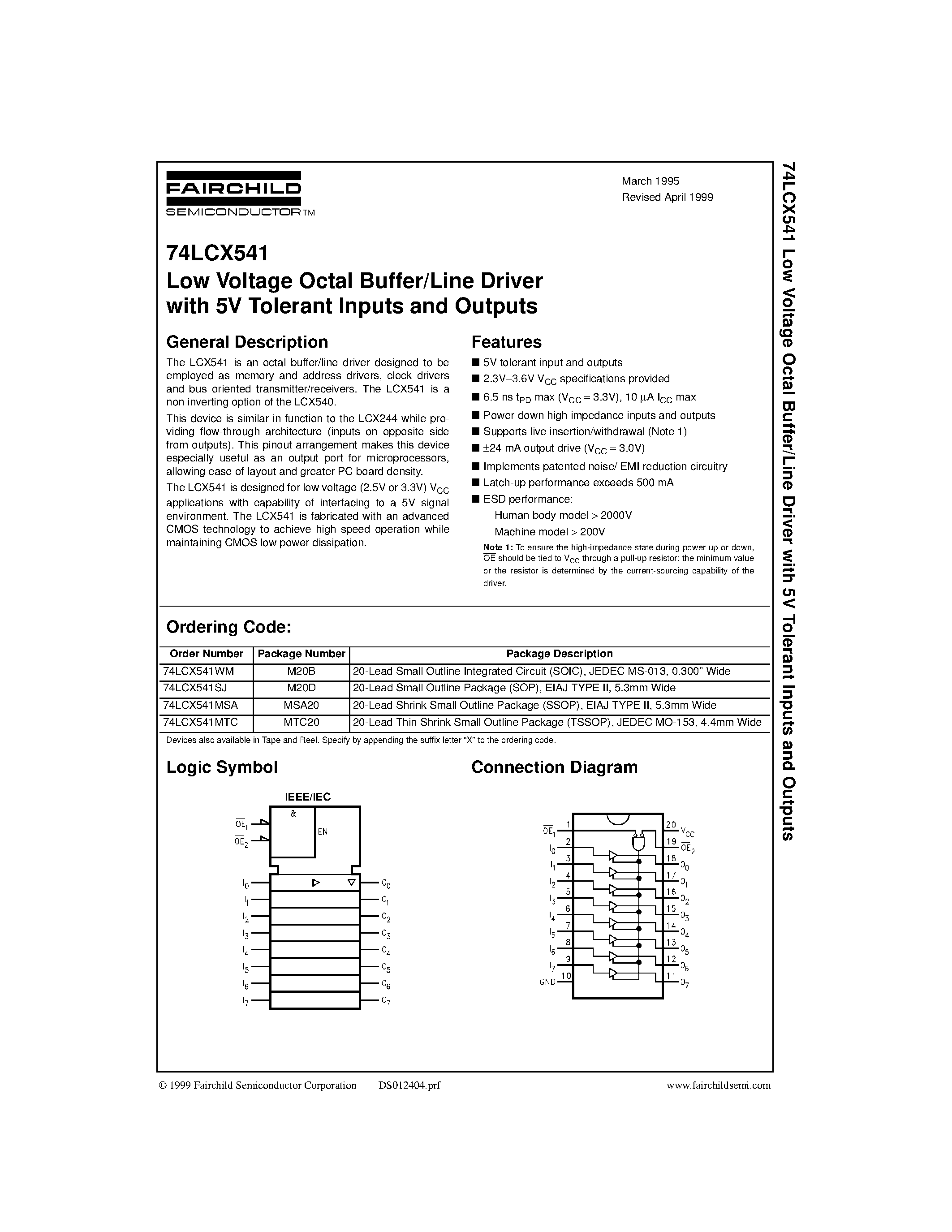 Даташит 74LCX541 - Low Voltage Octal Buffer/Line Driver with 5V Tolerant Inputs and Outputs страница 1