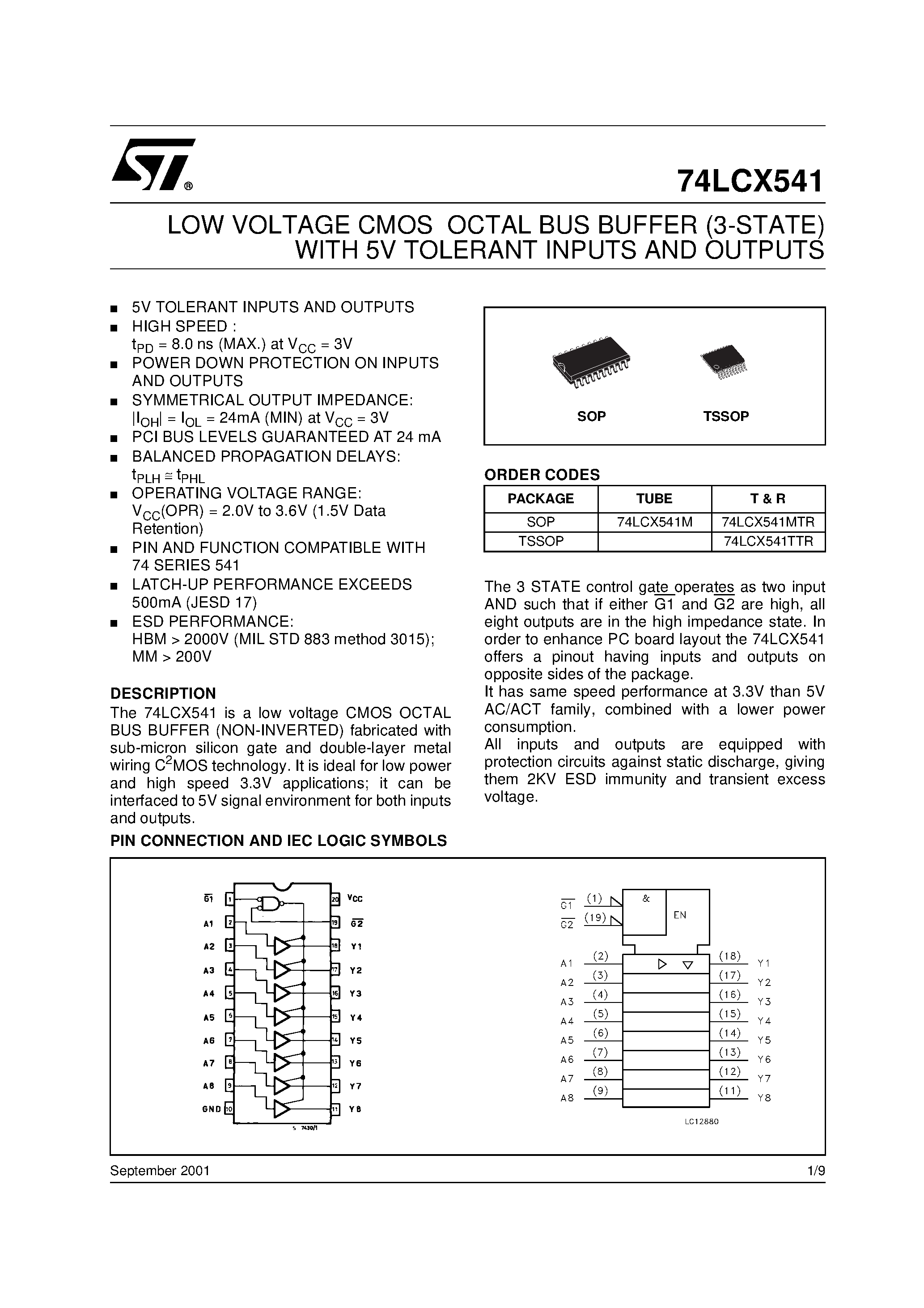 Даташит 74LCX541MTR - LOW VOLTAGE CMOS OCTAL BUS BUFFER (3-STATE) WITH 5V TOLERANT INPUTS AND OUTPUTS страница 1