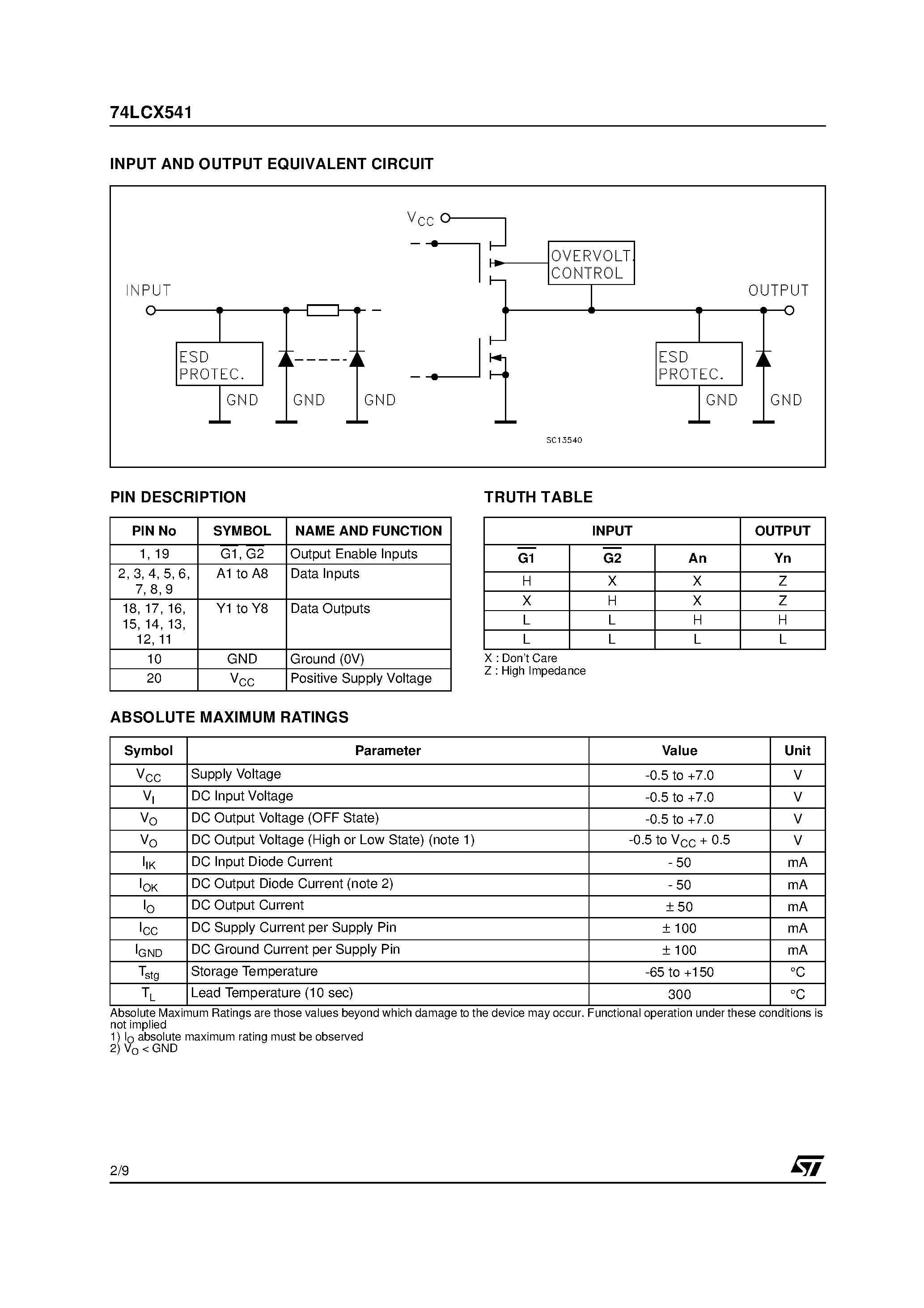 Даташит 74LCX541MTR - LOW VOLTAGE CMOS OCTAL BUS BUFFER (3-STATE) WITH 5V TOLERANT INPUTS AND OUTPUTS страница 2