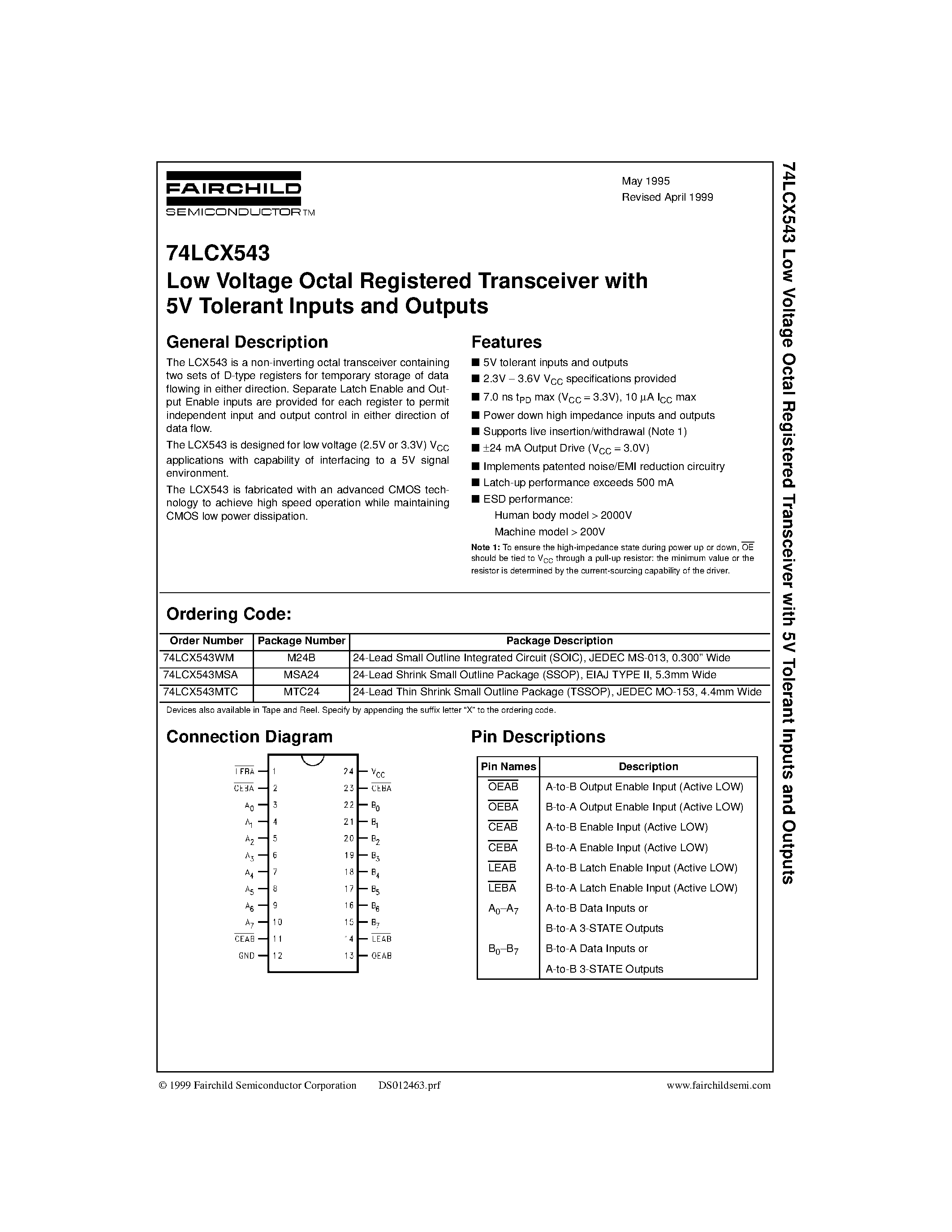 Даташит 74LCX543 - Low Voltage Octal Registered Transceiver with 5V Tolerant Inputs and Outputs страница 1