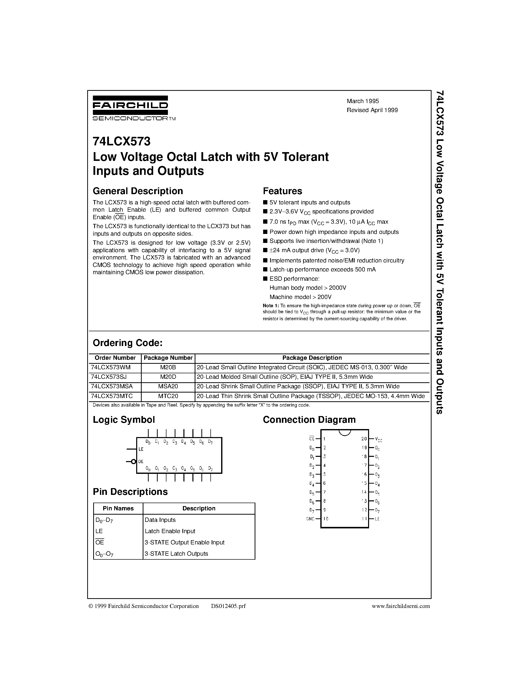 Даташит 74LCX573 - Low Voltage Octal Latch with 5V Tolerant Inputs and Outputs страница 1