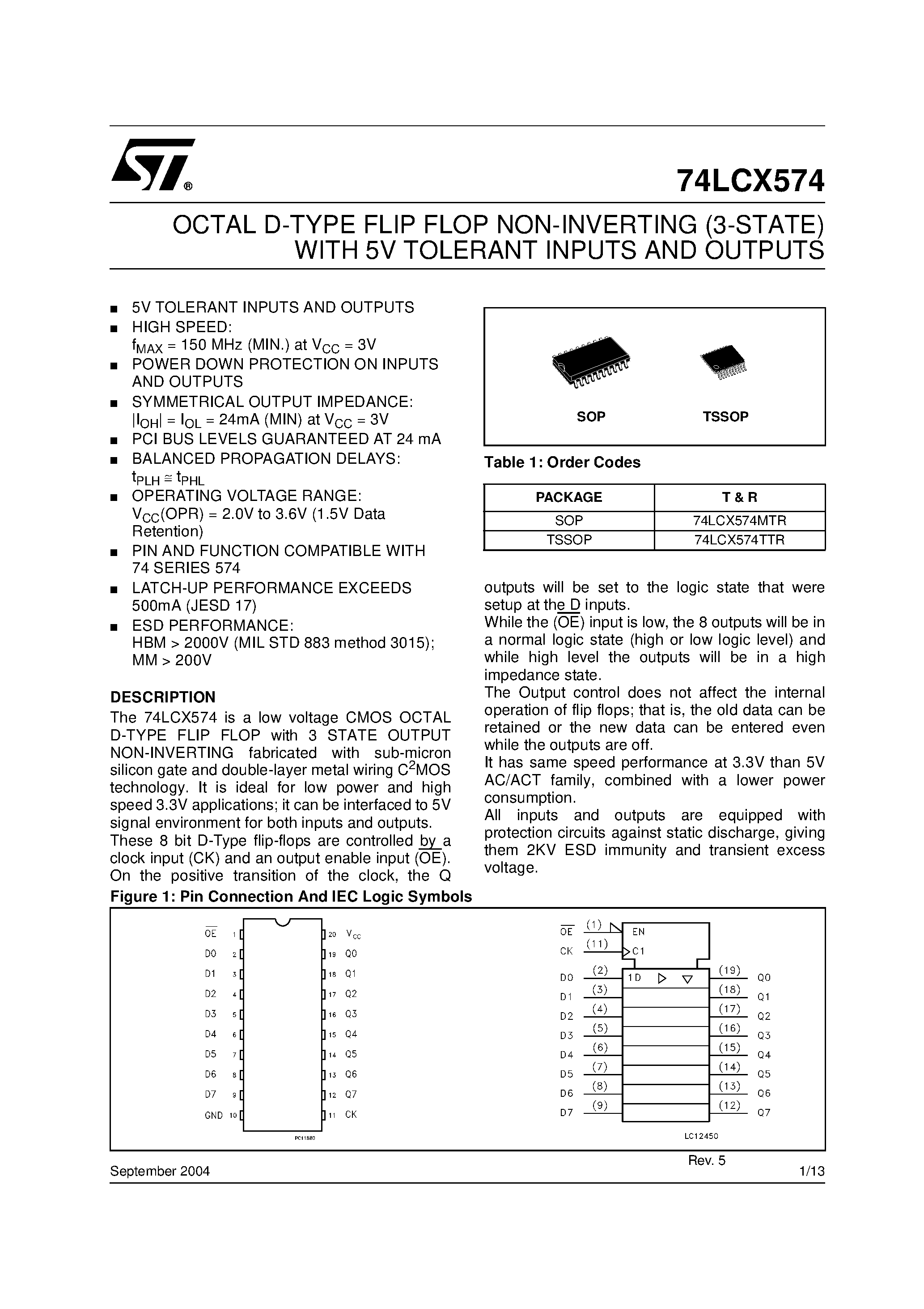 Даташит 74LCX574 - OCTAL D-TYPE FLIP FLOP NON-INVERTING (3-STATE) WITH 5V TOLERANT INPUTS AND OUTPUTS страница 1