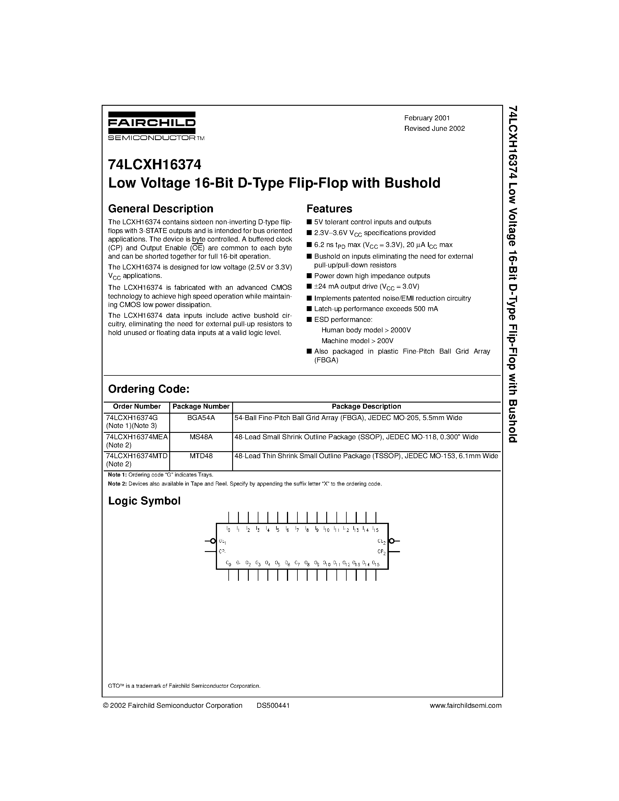 Datasheet 74LCXH16374MTD - Low Voltage 16-Bit D-Type Flip-Flop with Bushold page 1