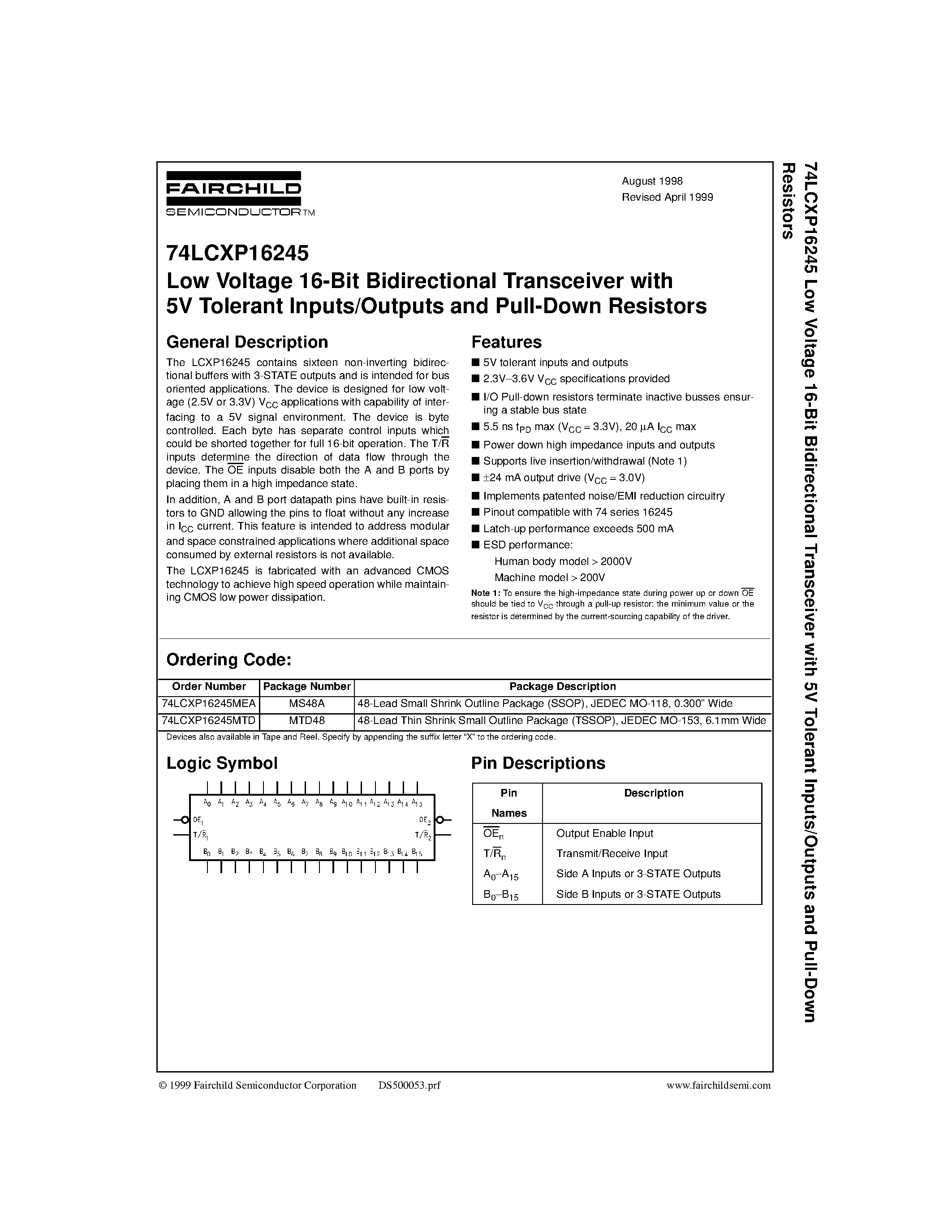 Datasheet 74LCXP16245 - Low Voltage 16-Bit Bidirectional Transceiver with 5V Tolerant Inputs/Outputs and Pull-Down Resistors page 1