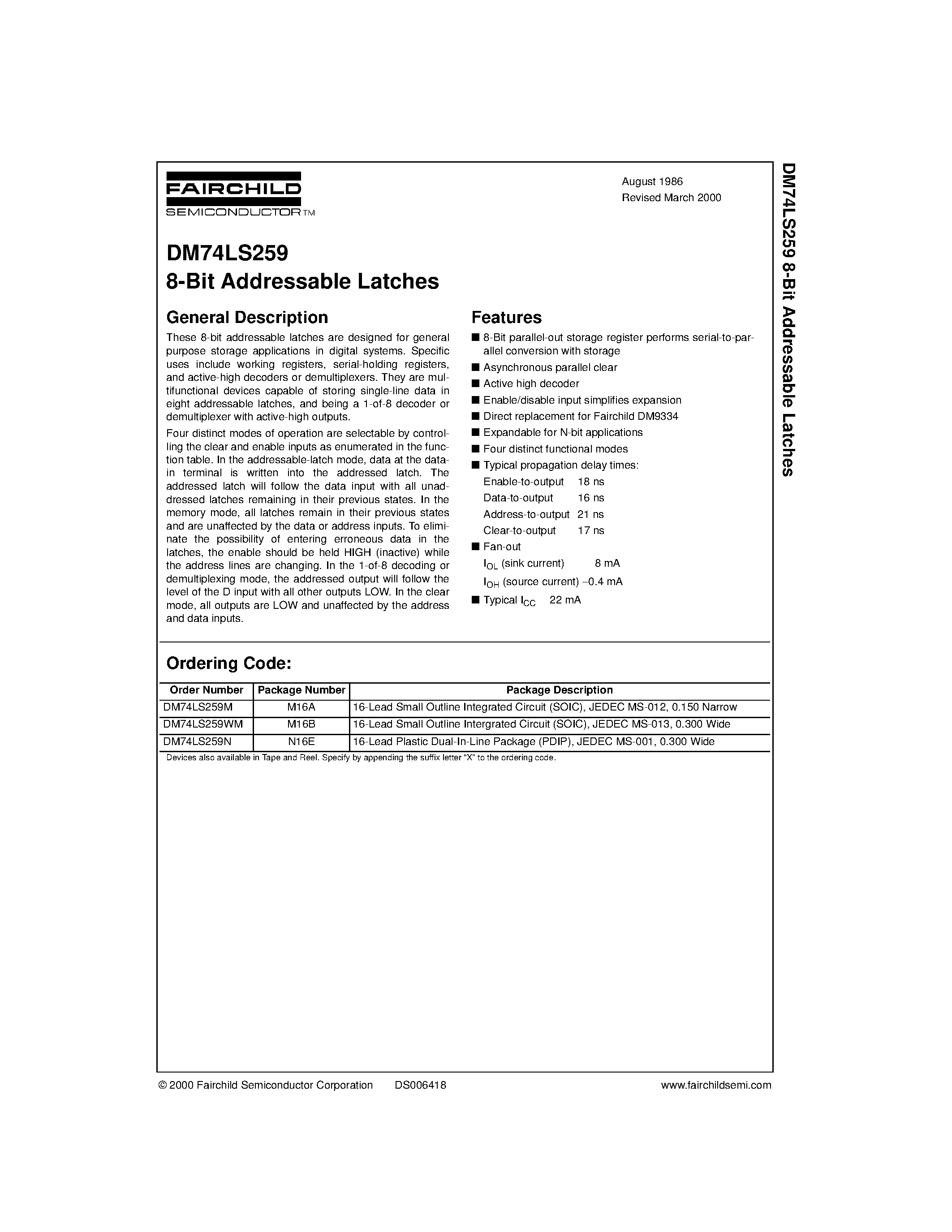 Datasheet 74LS259 - 8-Bit Addressable Latches page 1