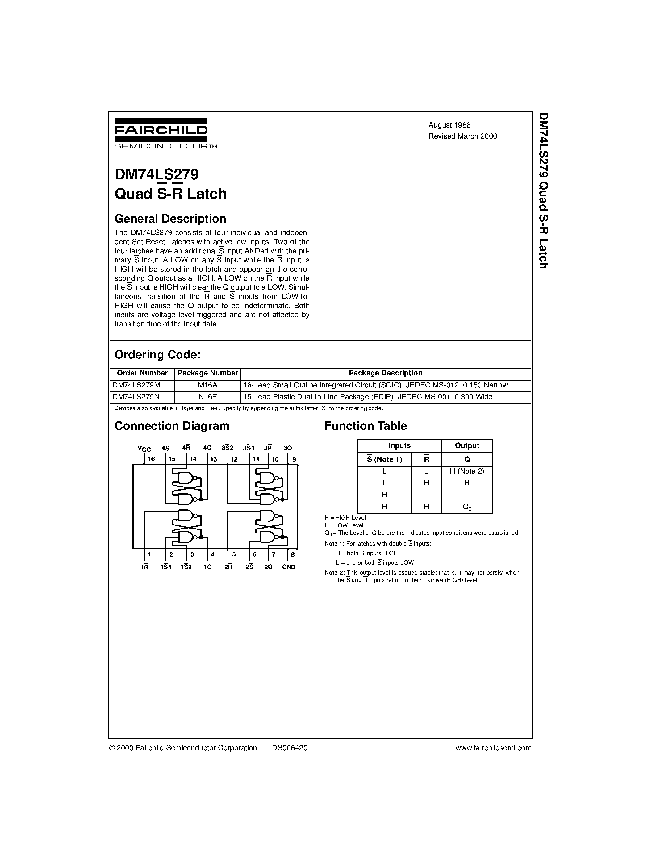 Datasheet 74LS279 - Quad S-R Latch page 1