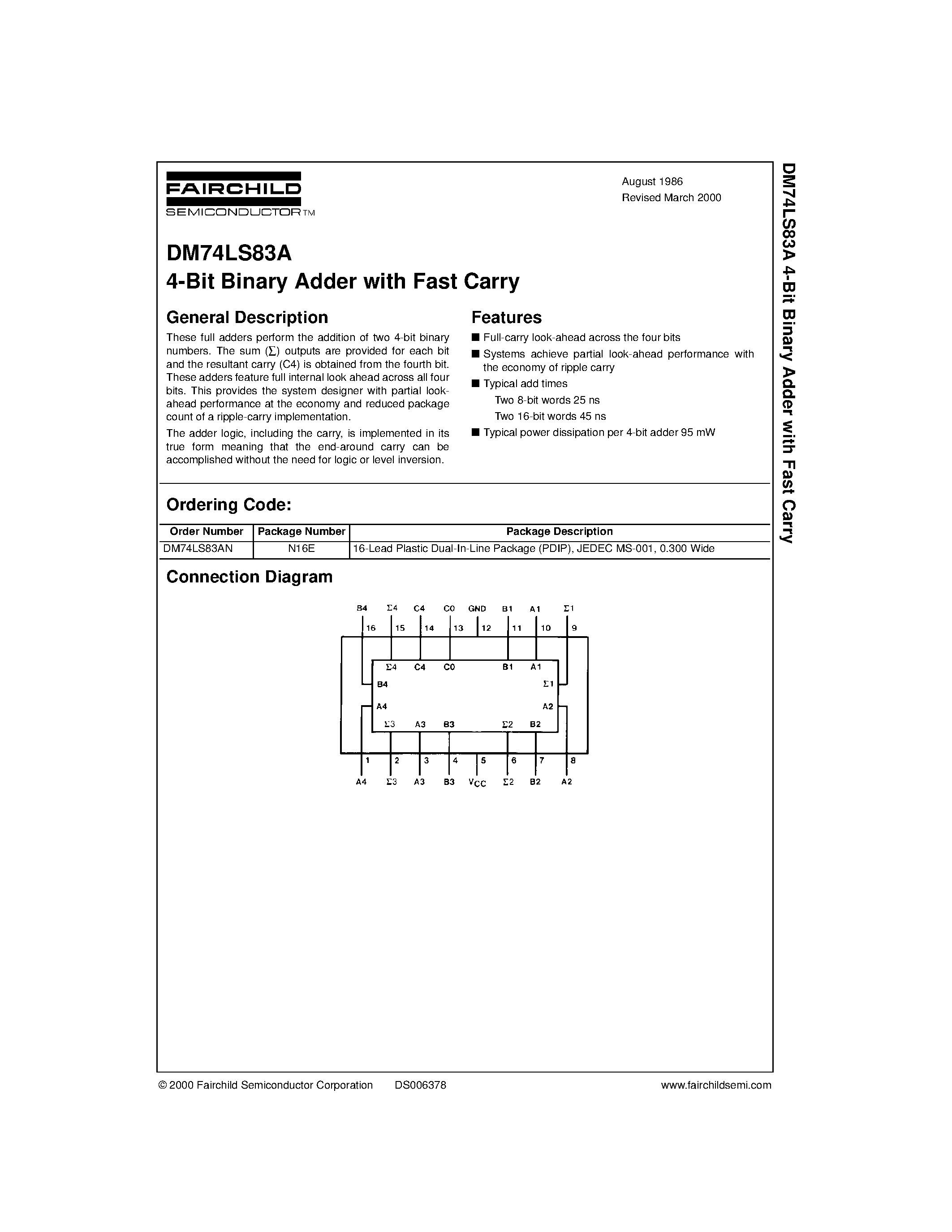 Datasheet 74LS83 - 4-Bit Binary Adder with Fast Carry page 1