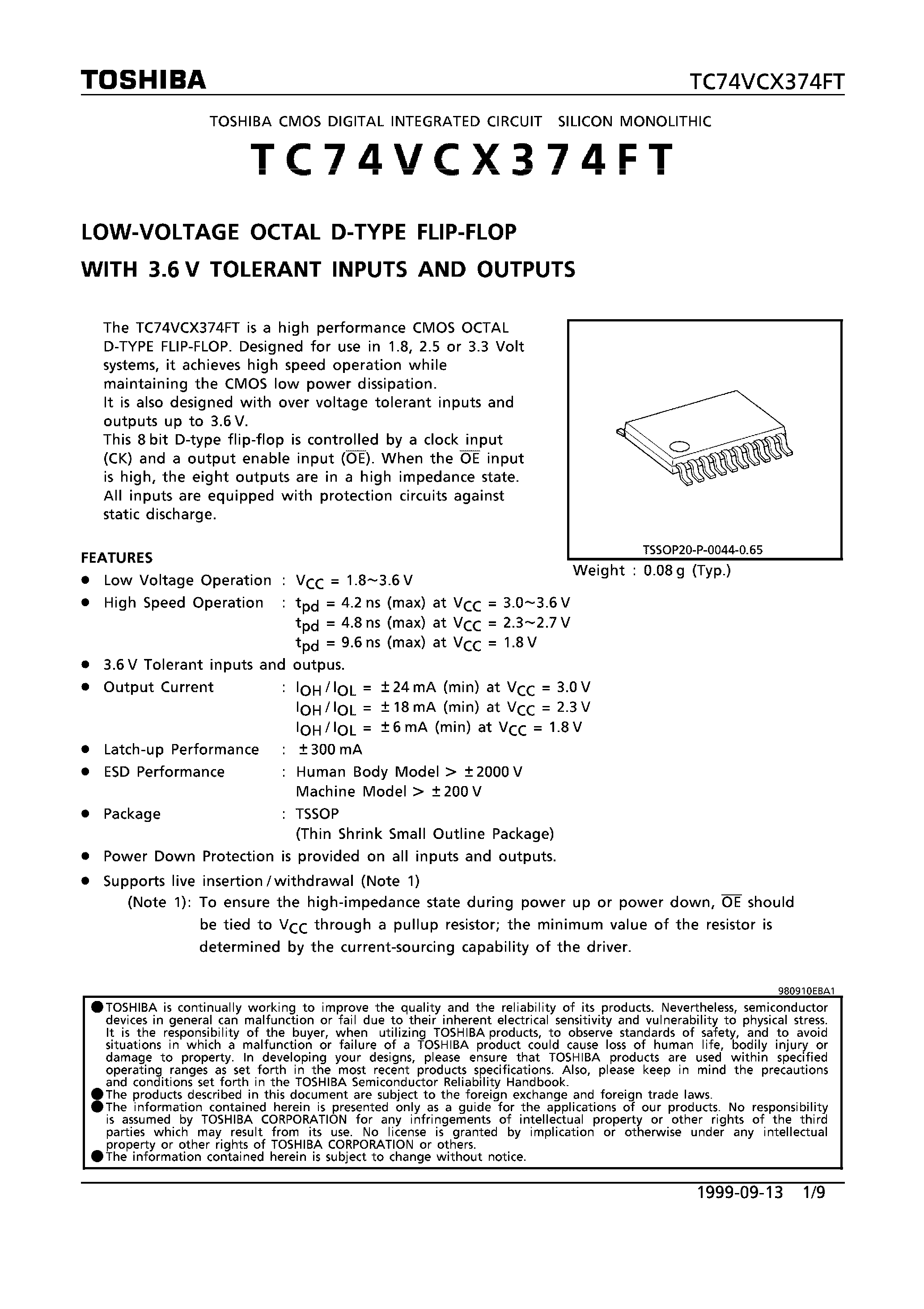 Datasheet TC74VCX374FT - LOW VOLTAGE OCTAL D-TYPE FLIP-FLOP WITH 3.6V TOLERANT INPUTS AND OUTPUTS page 1