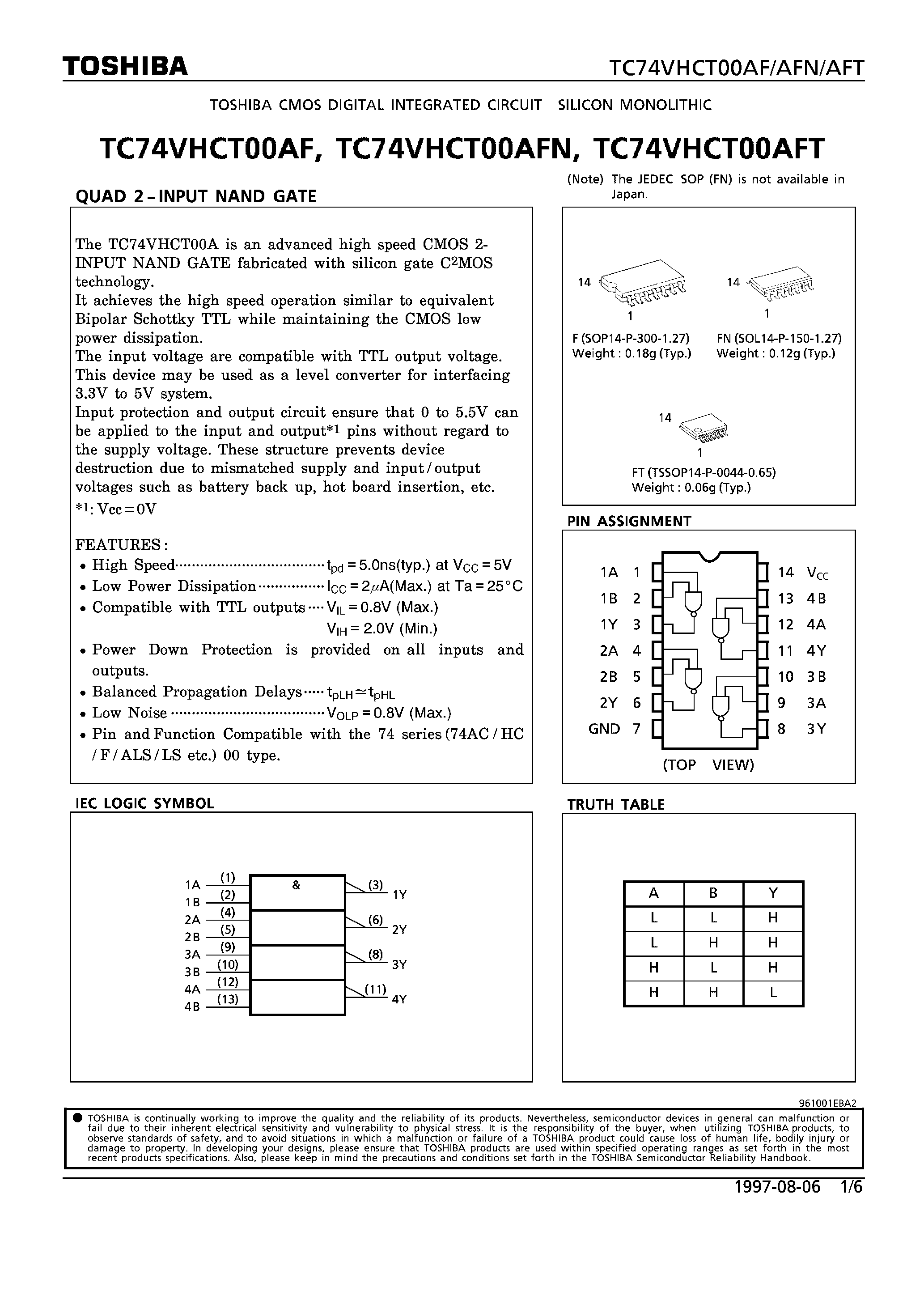 Даташит TC74VHC00AFT - QUAD 2-INPUT NAND GATE страница 1