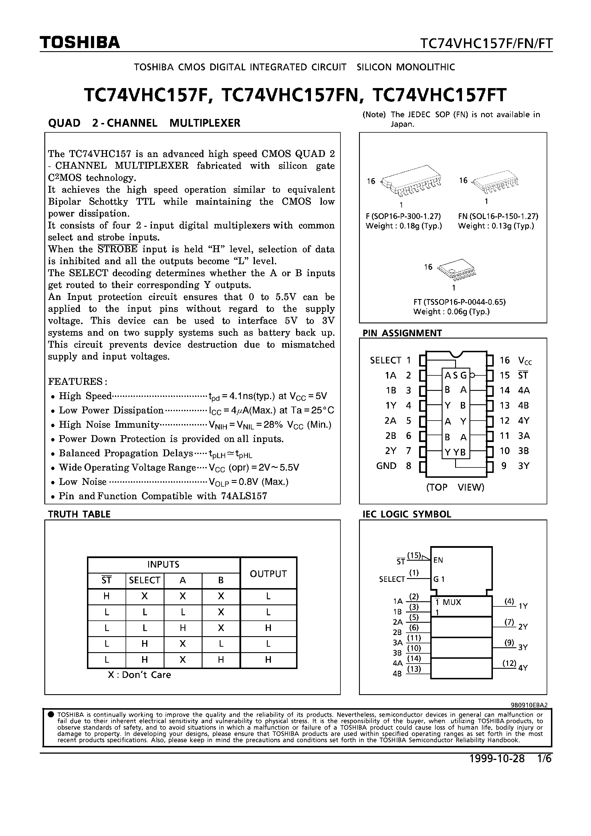 Даташит TC74VHC157F - QUAD 2-CHANNEL MULTIPLEXER страница 1