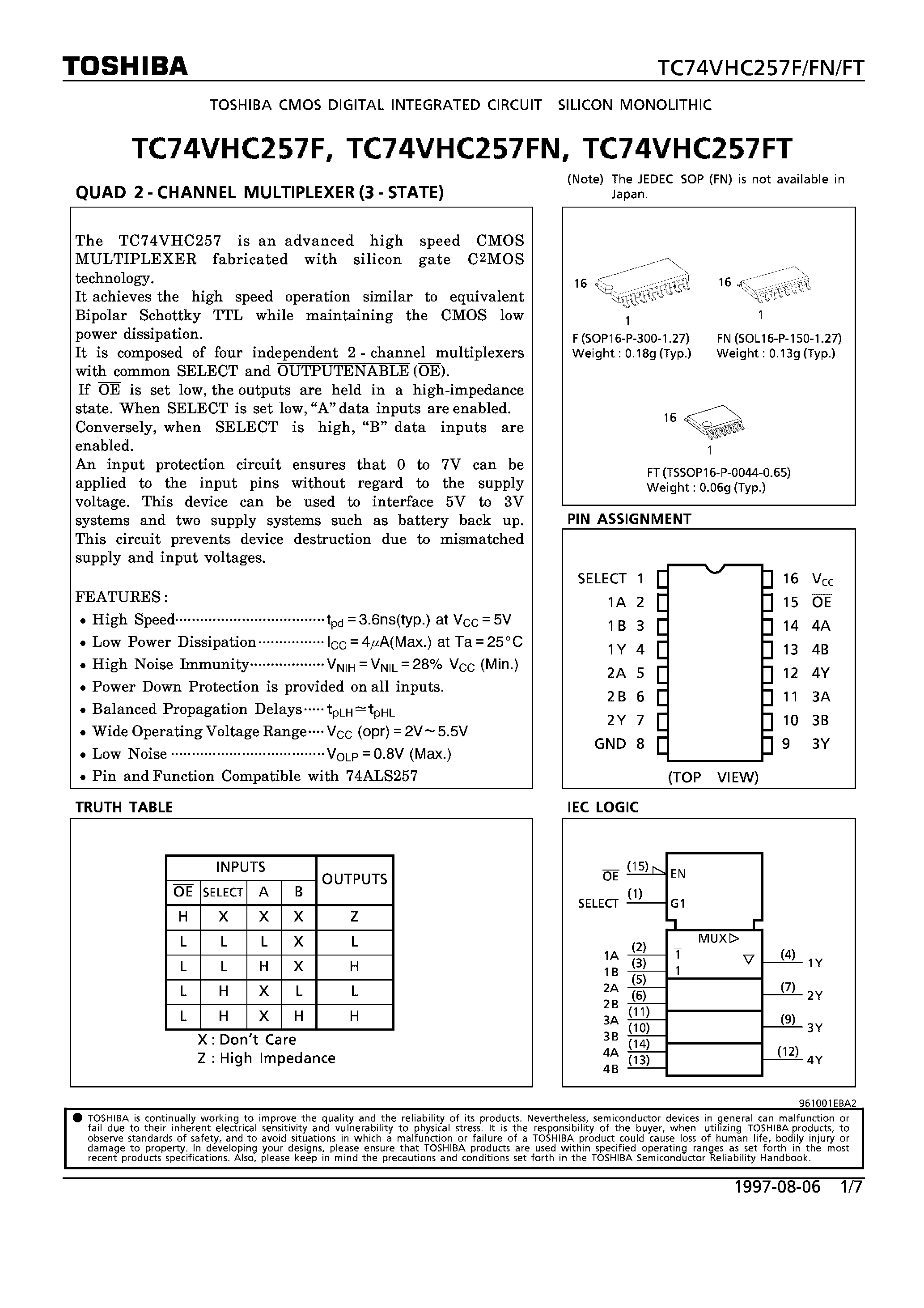 Даташит TC74VHC257F - QUAD 2-CHANNEL MULTIPLEXER (3-STATE) страница 1